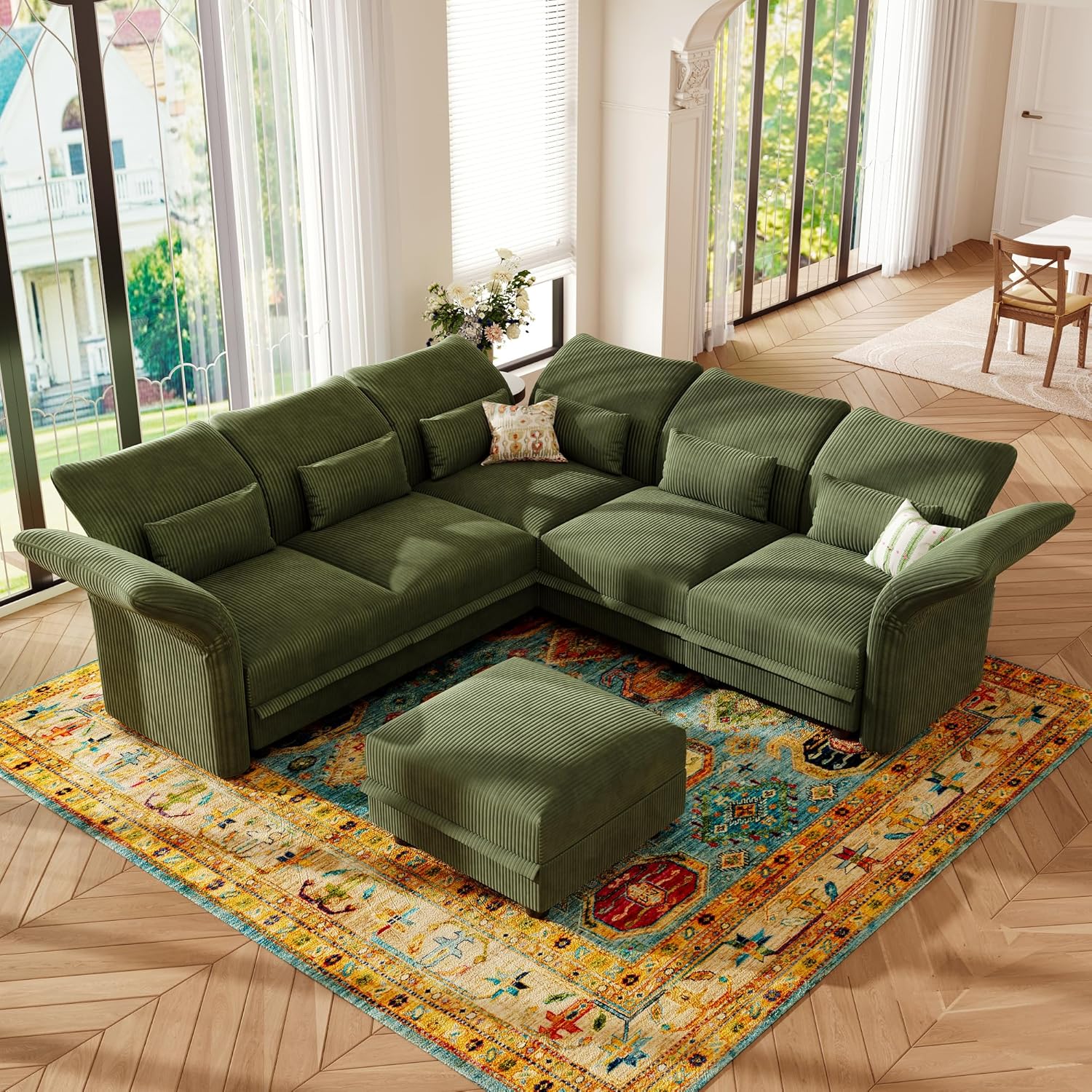 LLappuil Corduroy Sectional Sofa with Storage Ottoman, L Shaped Modular Sectional Couches for Living Room with Adjustable Arms Backs, Plush Supportive Cushions, 6 Seat, Green | Tool Free Assembly