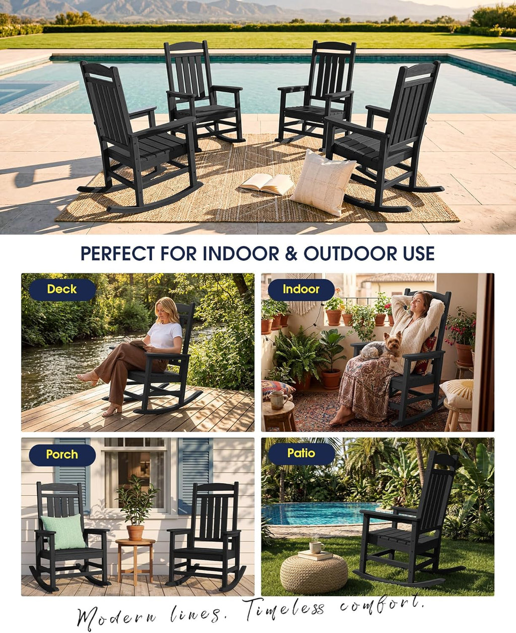 KINGYES Oversized Outdoor Rocking Chair Set of 2, High Density Polyethylene Patio Rocking Chairs with 350lbs Support for Adults,Porch Recliner Rocker, Black