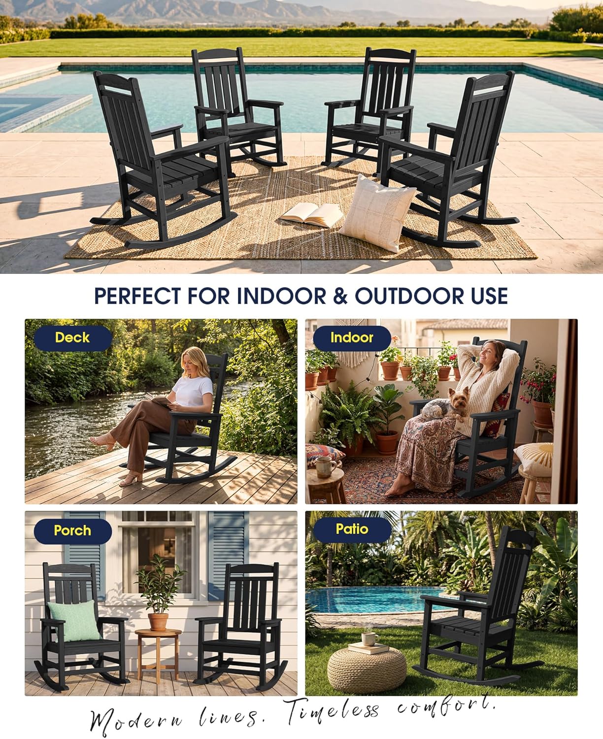 KINGYES Oversized Outdoor Rocking Chair Set of 2, High Density Polyethylene Patio Rocking Chairs with 350lbs Support for Adults,Porch Recliner Rocker, Black