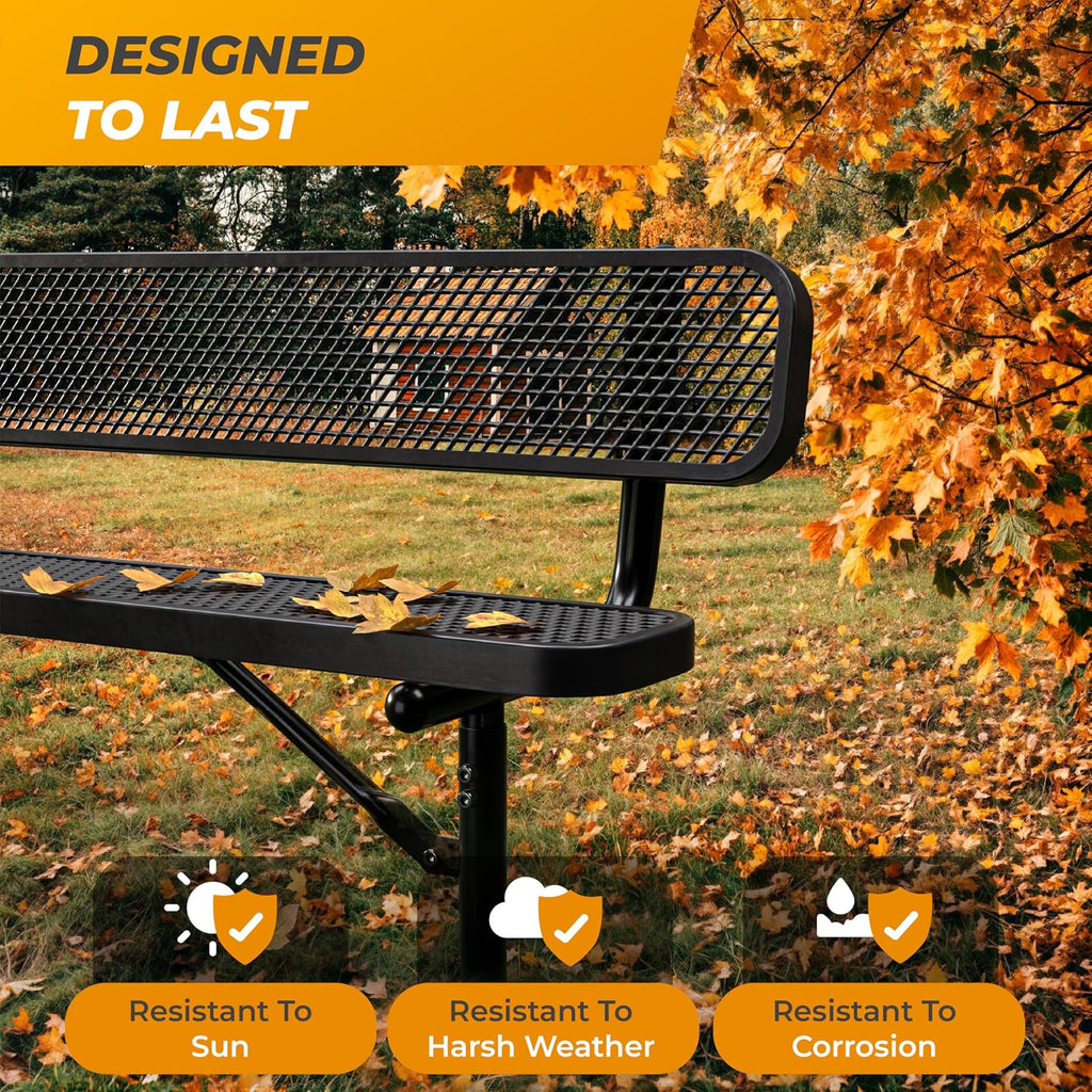 Heavy-Duty Outdoor Metal Bench, Thermoplastic-Coated, Inground, Weatherproof, Commercial-Grade for Parks, Gardens, Patios, Stores & More (6 Ft - Inground with Back, Black)
