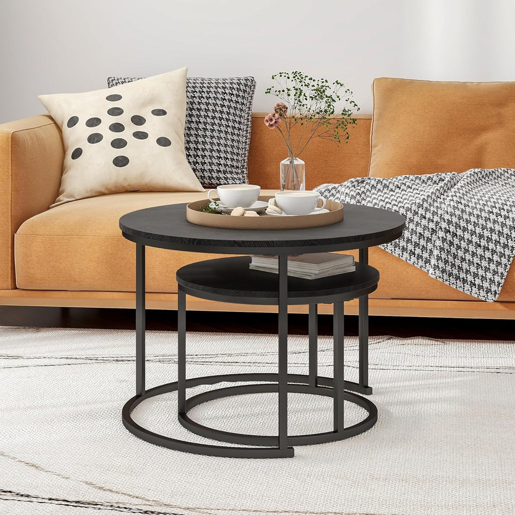 HOJINLINERO Round Coffee Table,Nesting Coffee Table Set of 2,Center Tables for Living Room,Office, Home Small Space,Stacking Side Tables,Sturdy and Easy Assembly,Wood Desktop,Black,Large