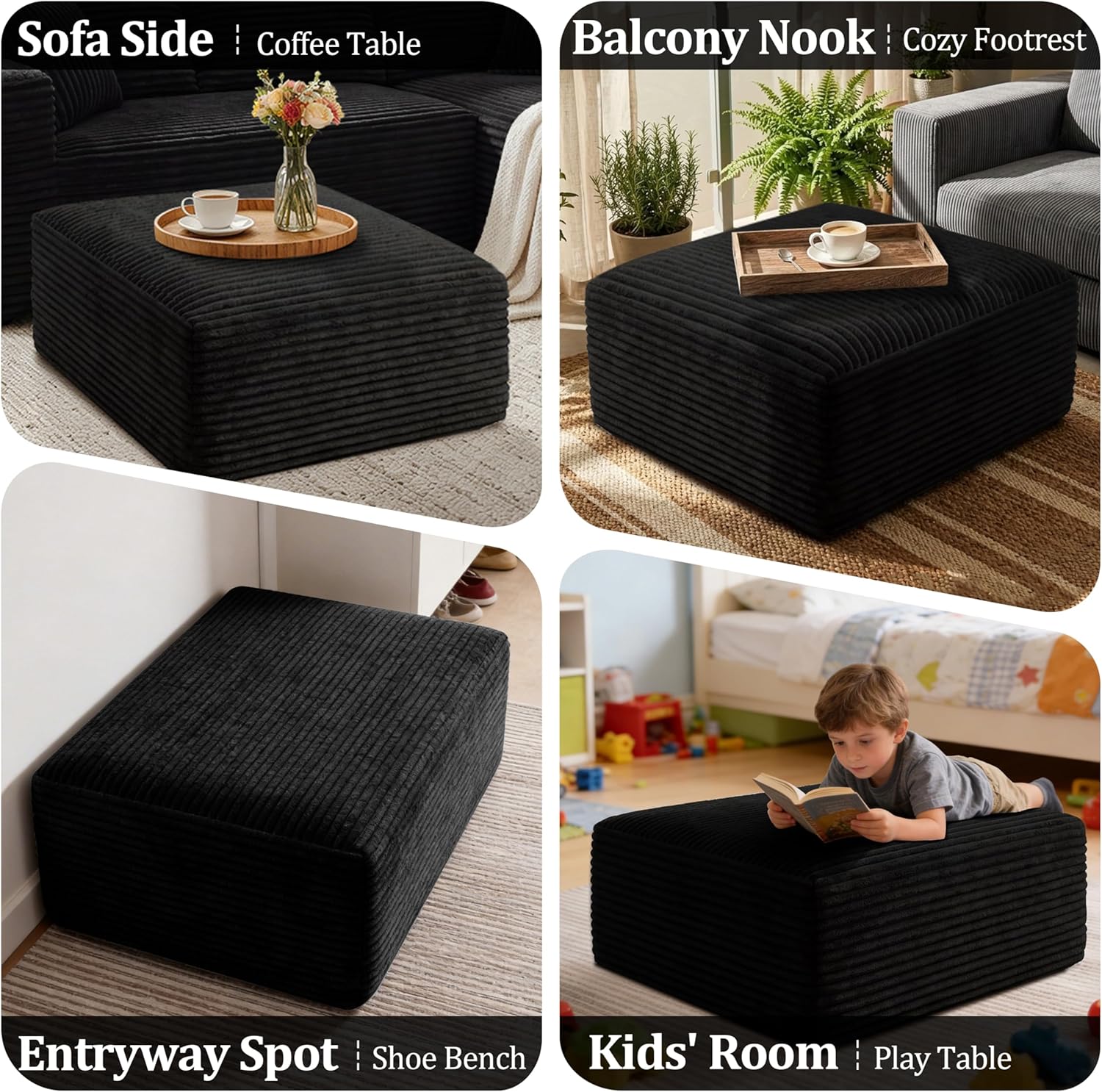 Corduroy Ottoman, Modern Boneless Cloud Foot Rest Foam Support, Oversized Modular Sectional Sofa Stool for Living Room, Bedroom & Small Spaces, No Assembly Required (Black, Ottoman)