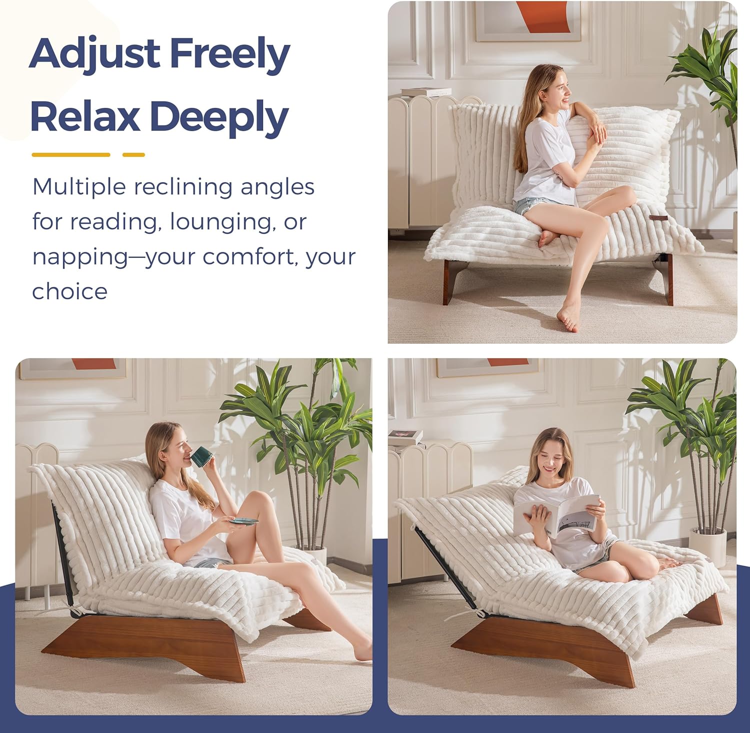 MAXYOYO Adjustable Living Room Chair, 3-Position Bean Bag Chair with Frame | Upholstered Accent Chair with Frame, Removable Cushion, Soft Reclining Lounge for Bedroom, Apartment, Office, Beige