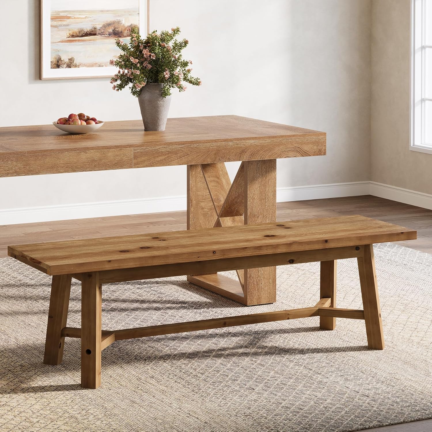 55" Solid Wood Bench, Farmhouse Long Bench Seat for Entryway, Dining Room, Living Room, Solid Wood, Rustic Brown