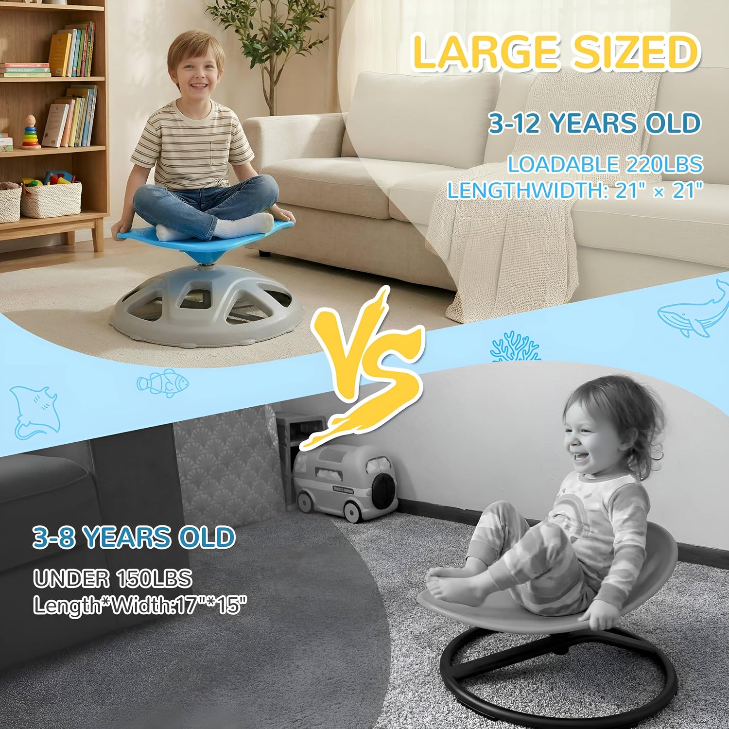 Sensory Spinning Chair for Autistic Kids, Stingray Swivel Sit and Spin Toy | For Toddlers with Autism & ADHD, Upgraded Anti-Slip Base, 360° Rotation, Balance Training, Body Coordination, 220 lb Cap