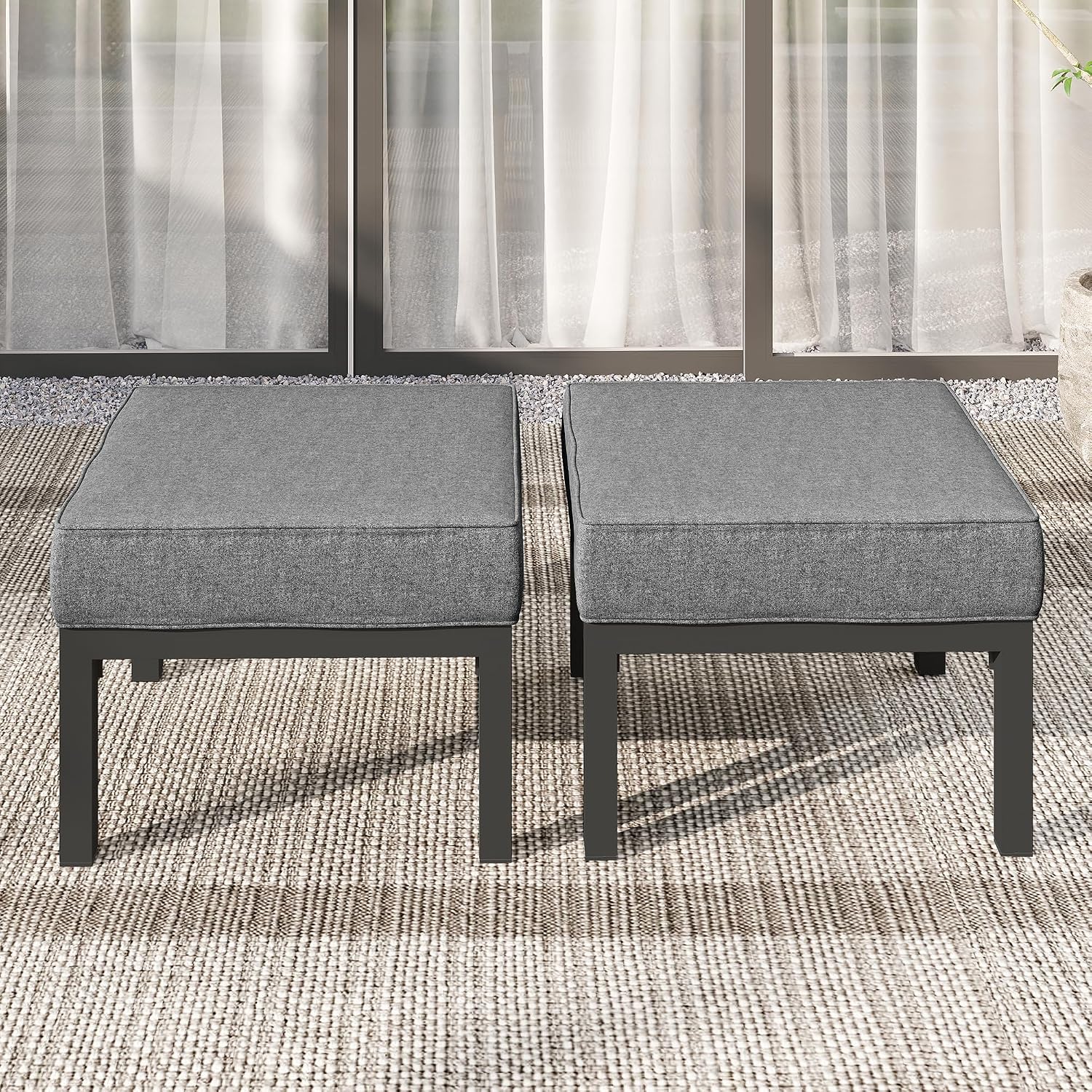 Wisteria Lane Outdoor Footstools Patio Ottoman Set of 2, Aluminum All-Weather Outdoor Footrest Seat with Removable Cushions, Patio Furniture Ottomans for Garden, Backyard, Poolside-Gray