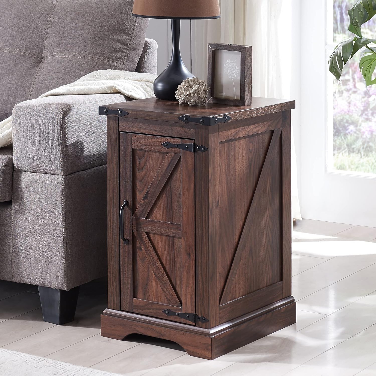JXQTLINGMU 3-Piece Farmhouse Coffee Table and End Table Sets, Includeds 36" Lift Top Square Coffee Table w/Storage & 2 Rustic Wood End Tables w/Charging Station & Barn Doors for Living Room, Brown