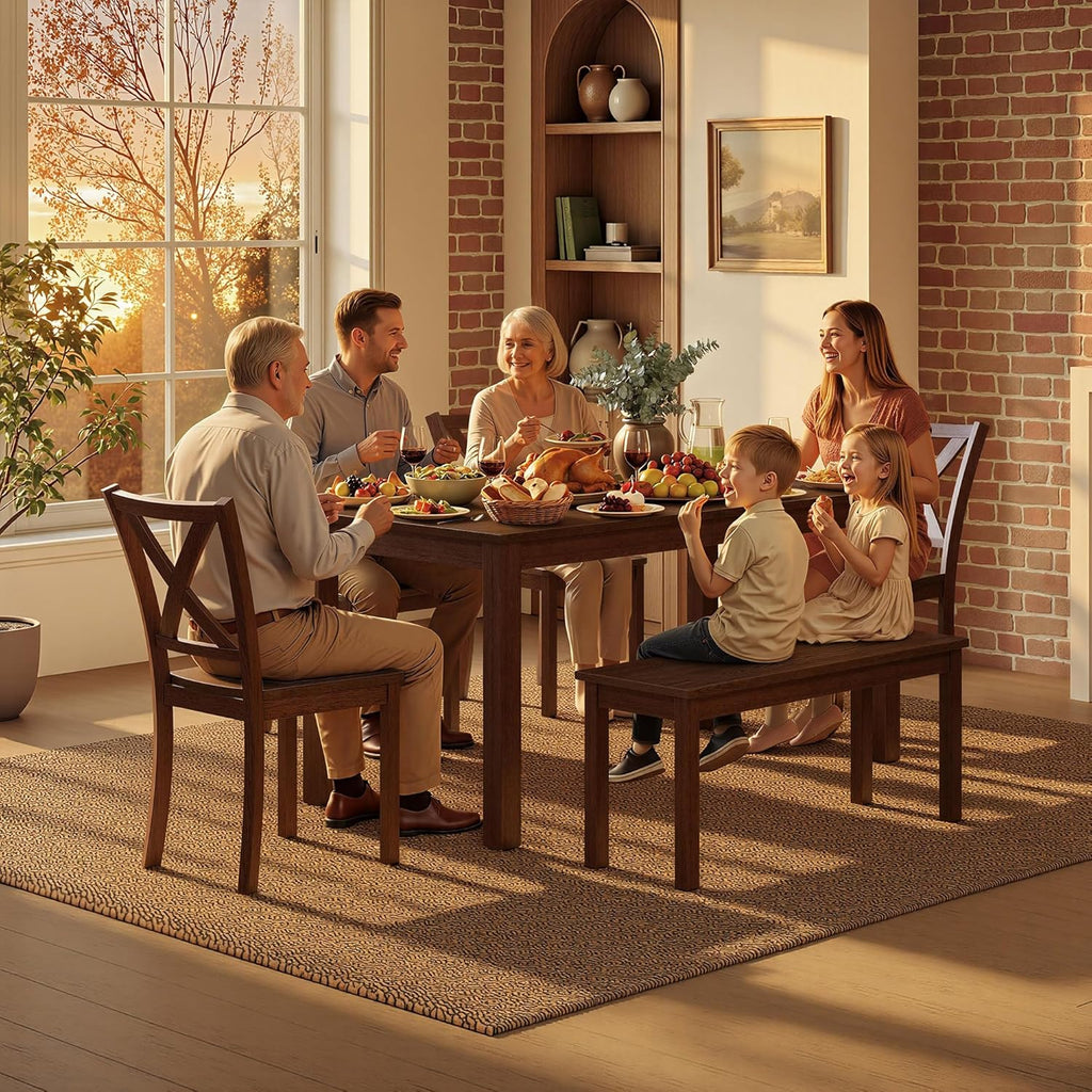 AMERLIFE 6-Piece Farmhouse Dining Table Set, 59" Wooden Table with 4 Chairs & Bench, Dining & Kitchen Room Set for 6, Space-Saving Rustic Dining Set, Walnut