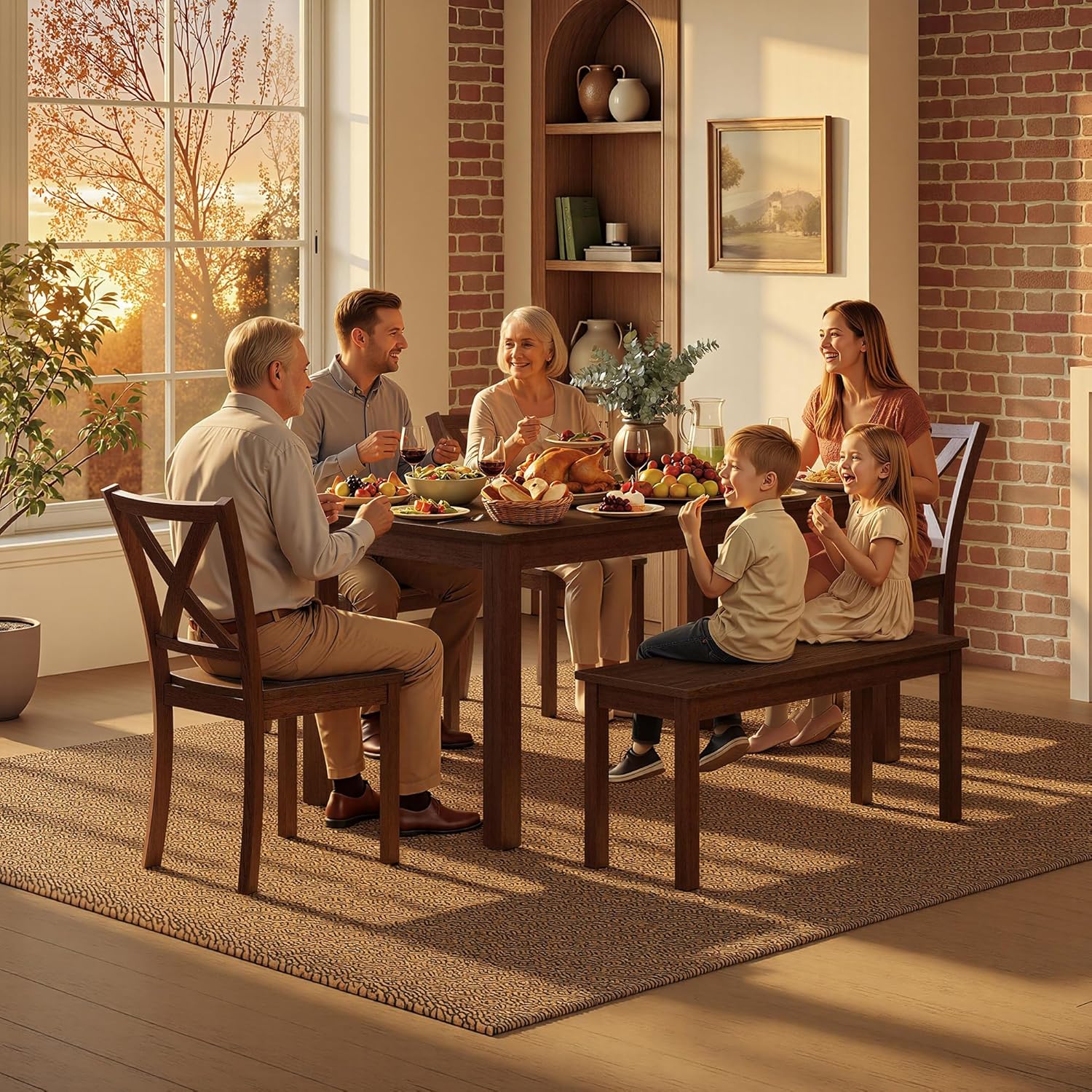 AMERLIFE 6-Piece Farmhouse Dining Table Set, 59" Wooden Table with 4 Chairs & Bench, Dining & Kitchen Room Set for 6, Space-Saving Rustic Dining Set, Walnut