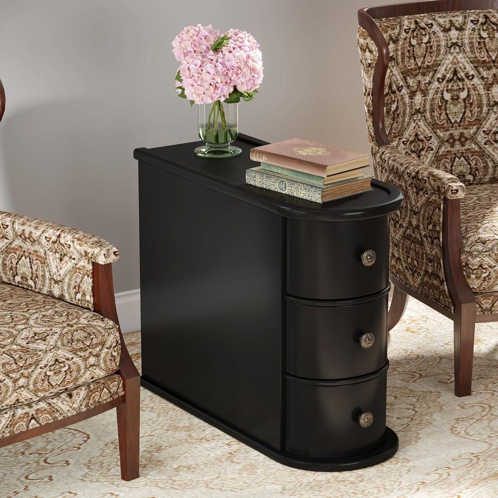 Wood End Table with 3 Drawers, No Assembly Required Narrow Sofa Side Table for Living Room, Vintage Slim Nightstand Bedside Table Bedroom (3 Drawers, Black, 2 Pcs)