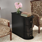 Wood End Table with 3 Drawers, No Assembly Required Narrow Sofa Side Table for Living Room, Vintage Slim Nightstand Bedside Table Bedroom (3 Drawers, Black, 2 Pcs)