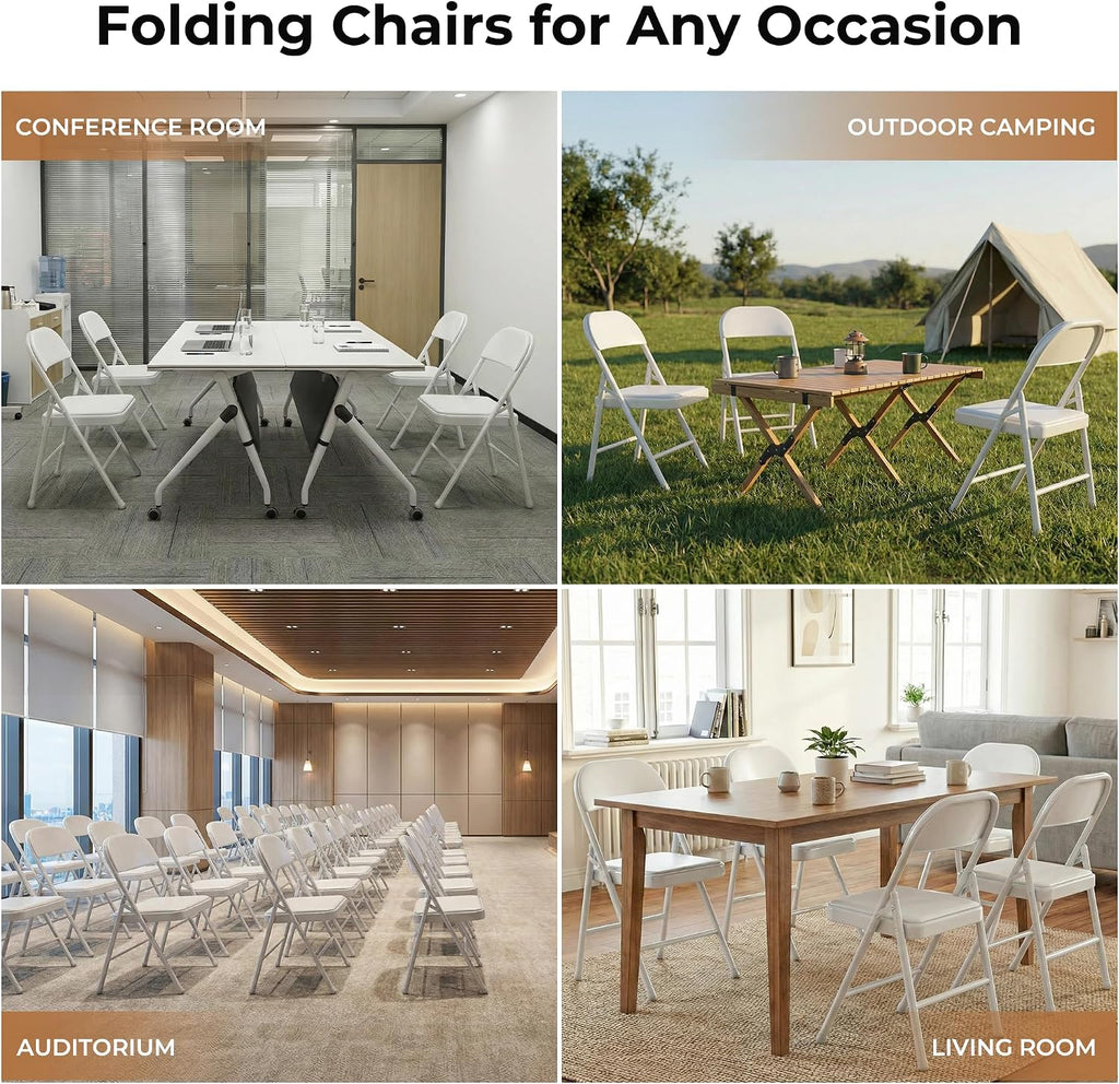 1 Pack Folding Chairs with Cushion Padded - Metal Chairs w/Comfortable Seats and Durable Steel Frame Foldable Chair for Indoor Outdoor Wedding, Party, Backyard & Office Events (White, 1 Pack)