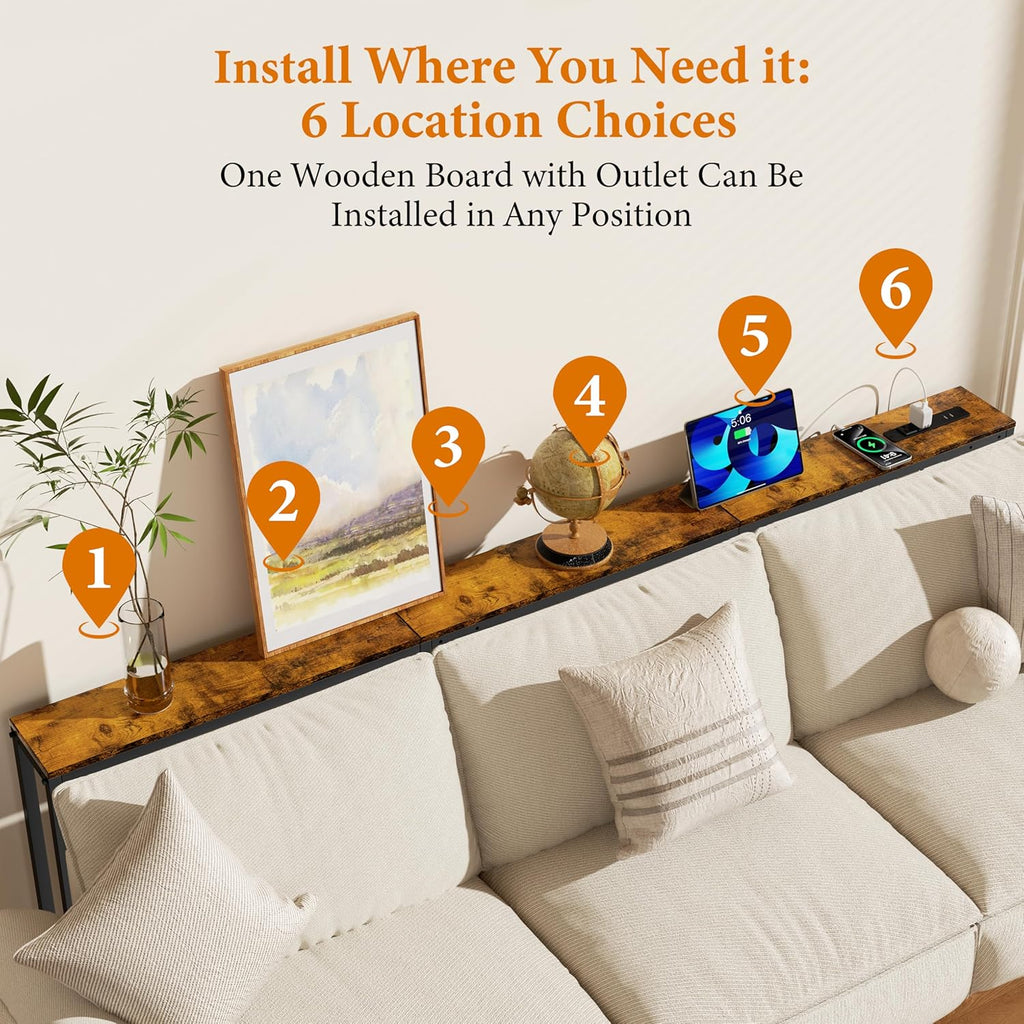 GRLEAF L Shaped 70" Narrow Console Sofa Table with Built-in Power Strip (2 AC Outlets & 2 USB Ports) – 4.9ft Power Cord, Metal Frame, Easy Assembly, Ideal for Behind Couch, Hallway (Rustic Brown,70IN)