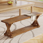 59-Inch Solid Wood Dining Bench, Modern Rustic Bench for Dining Table, 2-Tier Wooden Storage Seat for Dinner Room, Kitchen, Living Room & Hallway, Brown