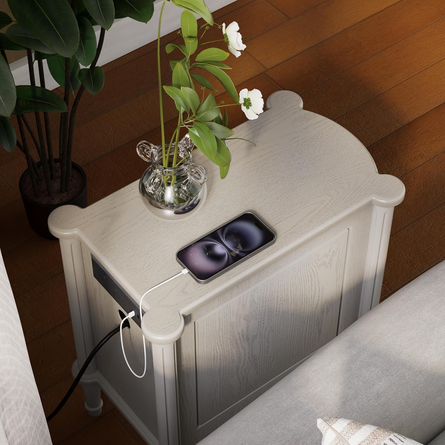 COZAYH Farmhouse 3 Drawer Nightstand with Charging Station, Bedside Table with Vintage Bronze Handles for Bedroom, Almost Fully Assembled, Solid Pine Legs, Distressed Finish, Rustic Gray