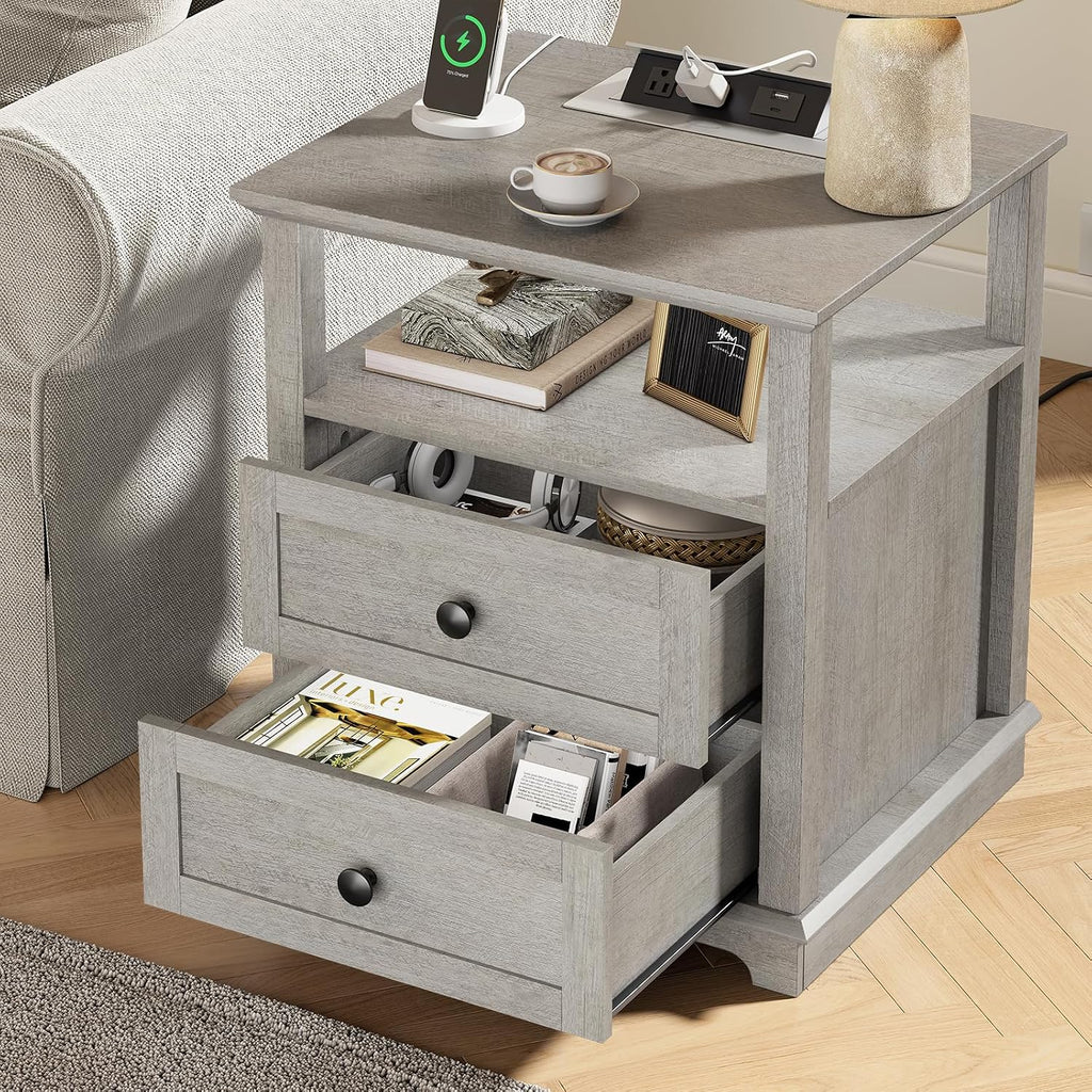 HIFYOBRO End Table with 2 Drawers and Charging Station, Type-C & USB Port & Power outlets, Wooden Storage Cabinet, Large Side Table with Storage for Living Room and Bedroom