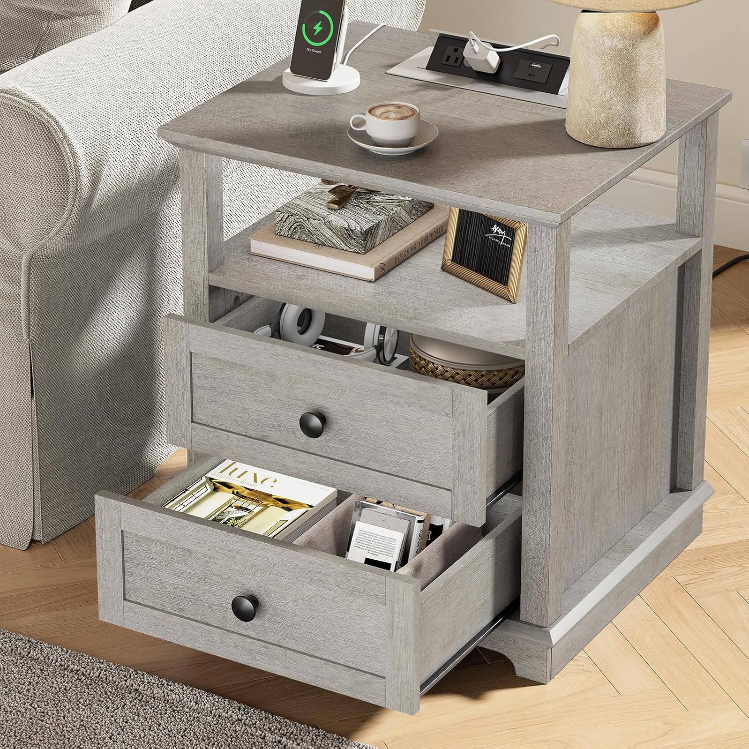 HIFYOBRO End Table with 2 Drawers and Charging Station, Type-C & USB Port & Power outlets, Wooden Storage Cabinet, Large Side Table with Storage for Living Room and Bedroom