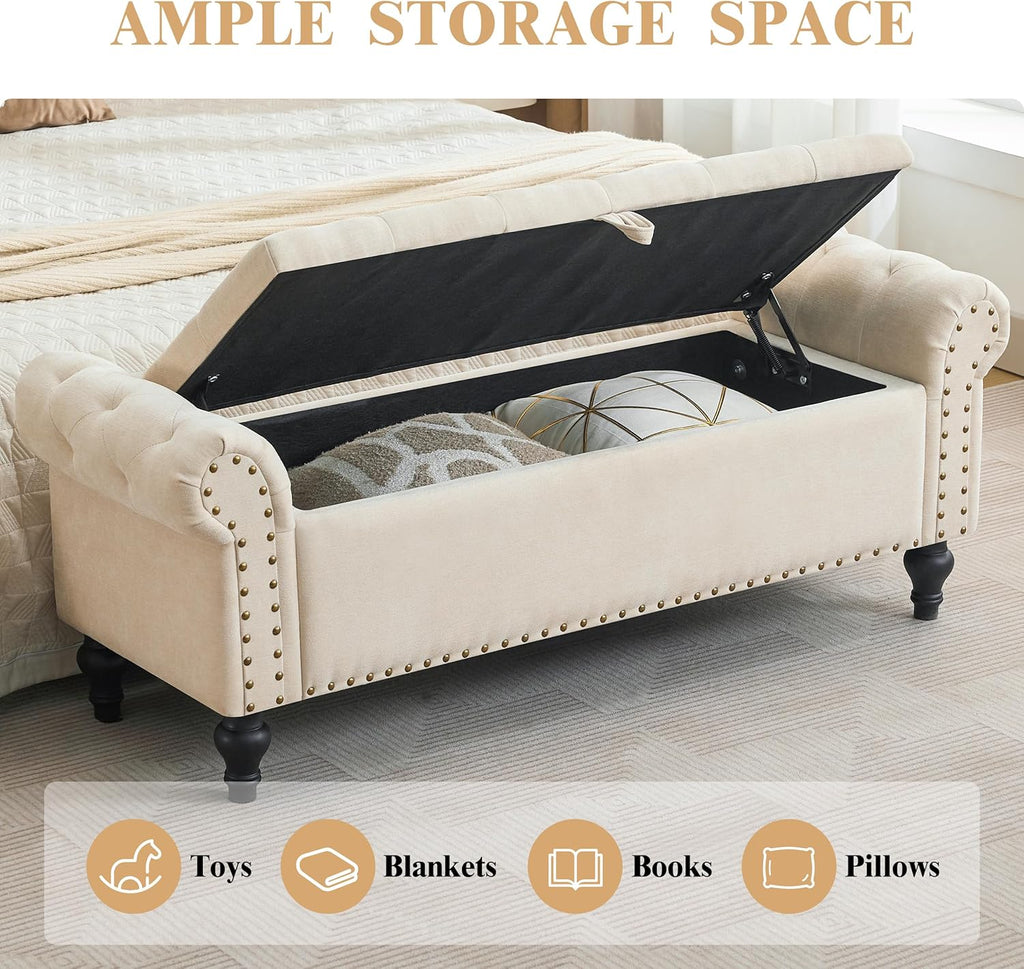 51" Storage Ottoman Bench, End of Bed Bench for Bedroom, Storage Ottomans for Foot of Bed, Chenille Upholstered Benches, Window Benches for Living Room, Entryway, Beige