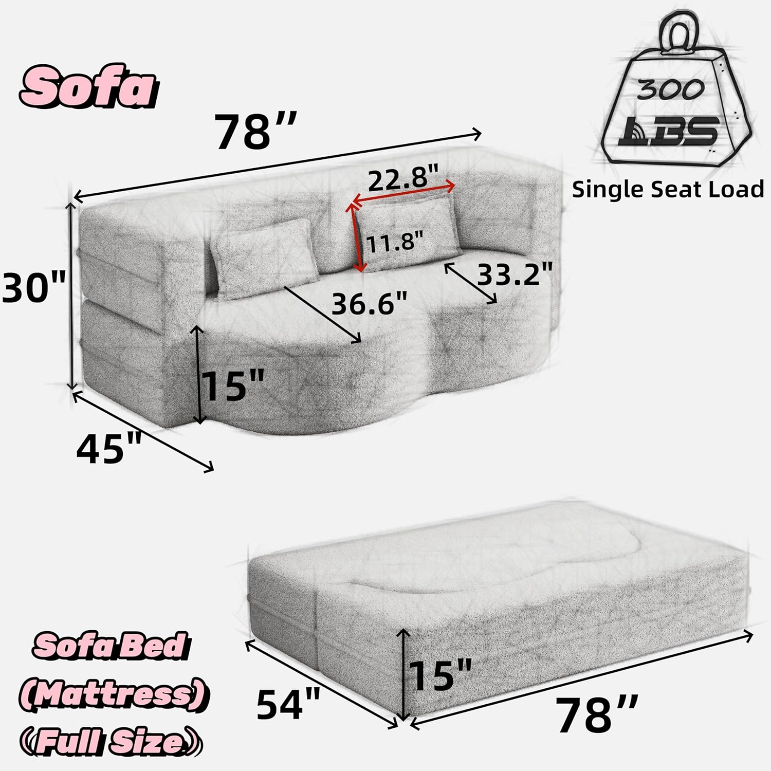 CAPCAEK 78" Folding Foam Sofa Bed,Full Size Folding Mattress Boneless Couch for Living Room,15" Seat Height Convertible Teddy Fabric Foam-Filled Loveseat Sleeper Sofa Bed (Brown)