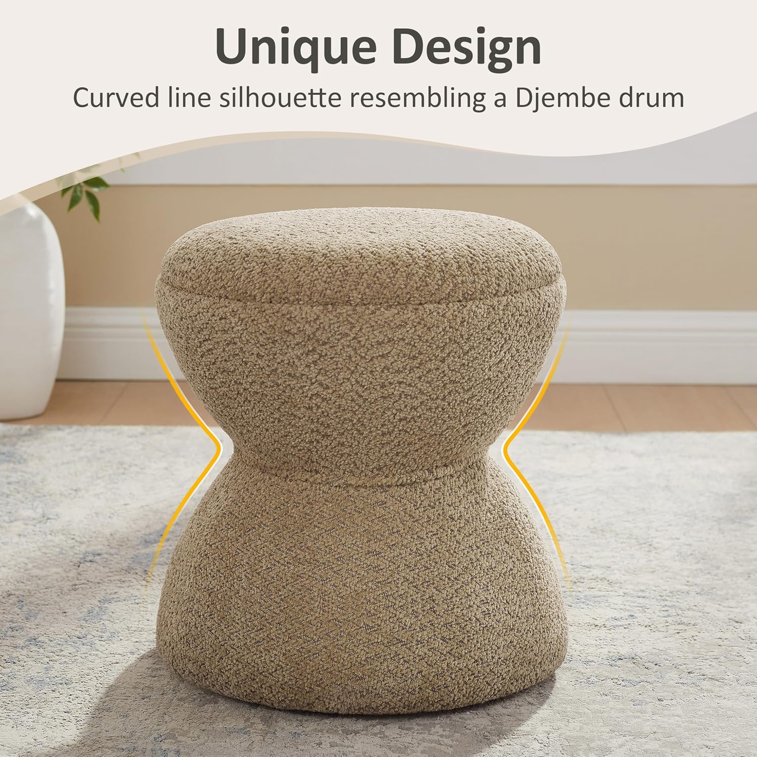 VANOMi Multi-Functional Boucle Ottoman, Set of 2, Vanity Stool Chair, Sturdy Wooden Footstool, Suitable for Living Room, Bedroom, and Entryway, Without Installation, Camel