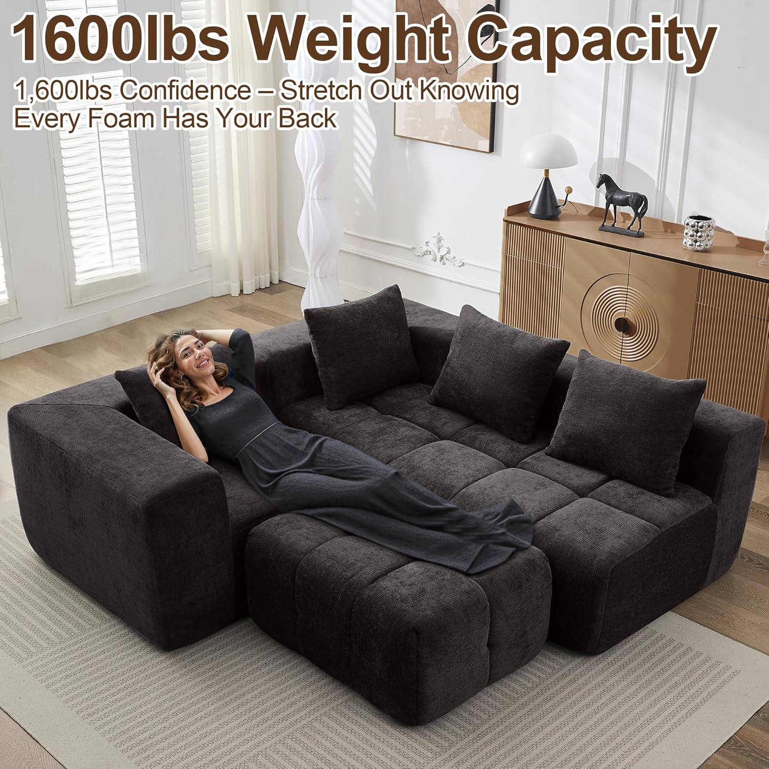 119" Boneless Couch, Cloud Sectional Couch with Deep Seat, High-Density Memory Foam and Chaise, Sectional L Shaped Sofa, Boneless Couches for Living Room, No Assembly Required Tufted Sofa, Dark Grey