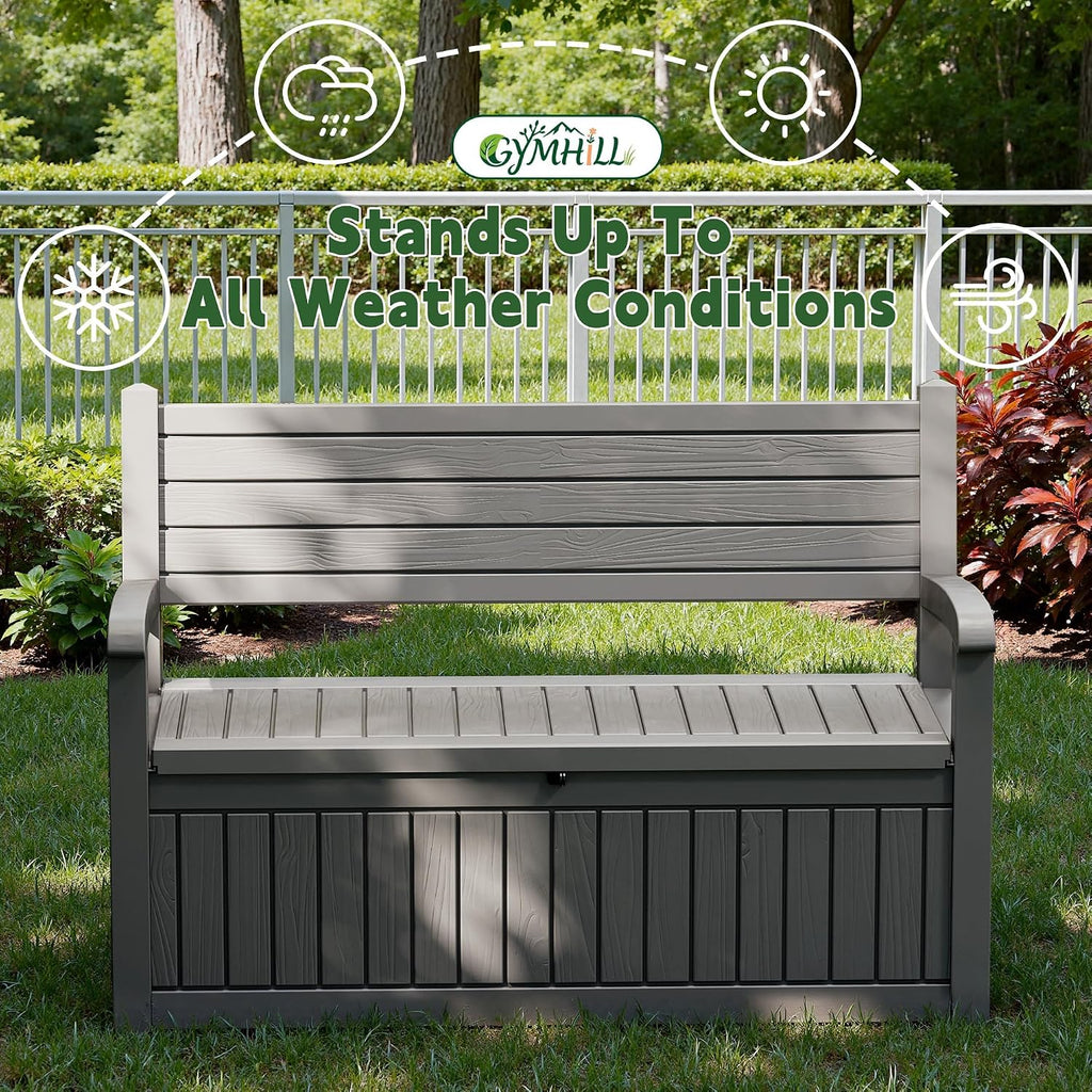 80 Gallon Outdoor Storage Bench Spacious Storage Box Waterproof Resin Deck Box Lockable for Patio, Garden, Livig Room & Outdoor Spaces（Grey）