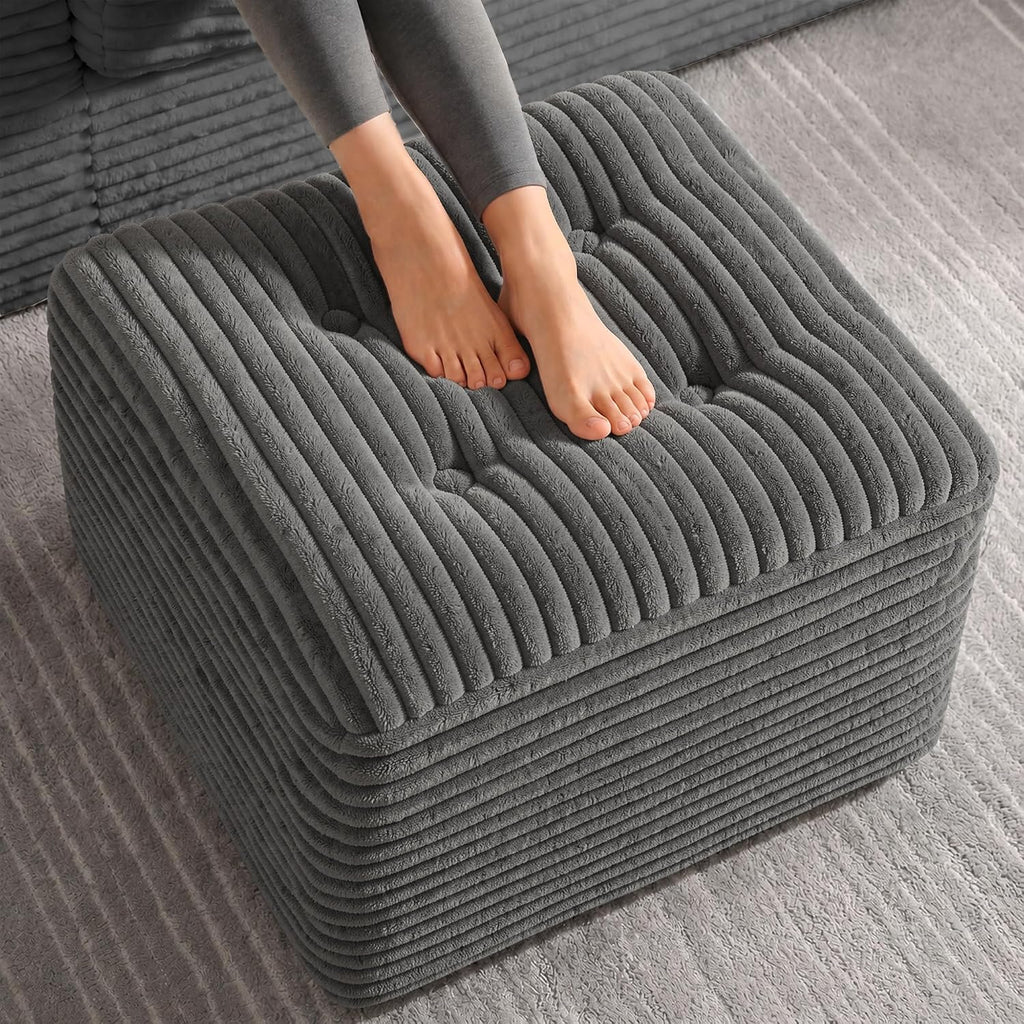 23.6in Pouf Ottoman, Corduroy Ottoman Foot Rest with Dual‑Layer Support, Large Poofy Pouf with Soft Chunk‑Foam Top & Firm Foam Base, Floor Foot Stool for Living Room, Dark Grey