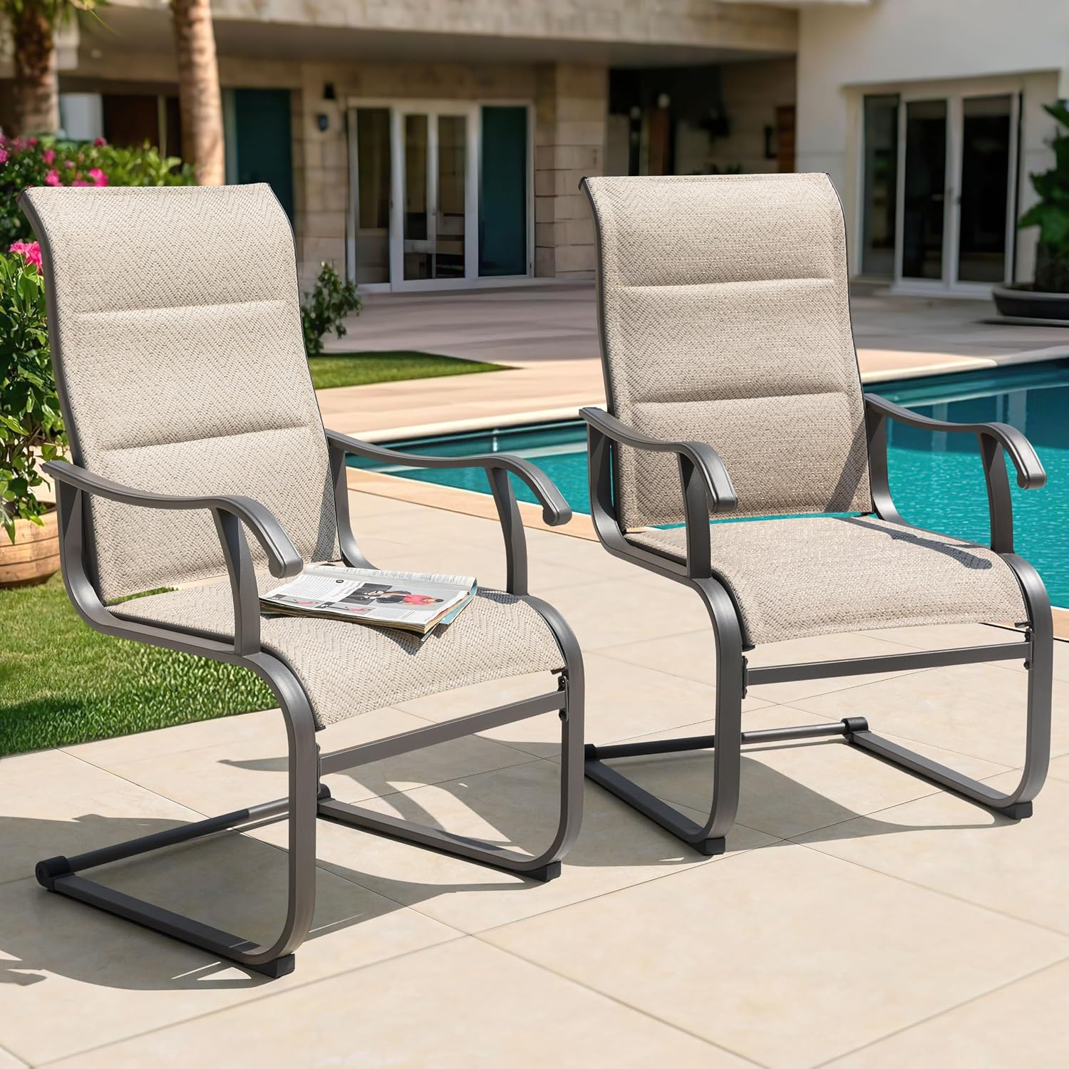 NUU GARDEN Patio Dining Chairs Set of 2, Outdoor Textilene Chairs with High Back and Breathable Seat, for Garden Deck Backyard Porch, Grayish Beige