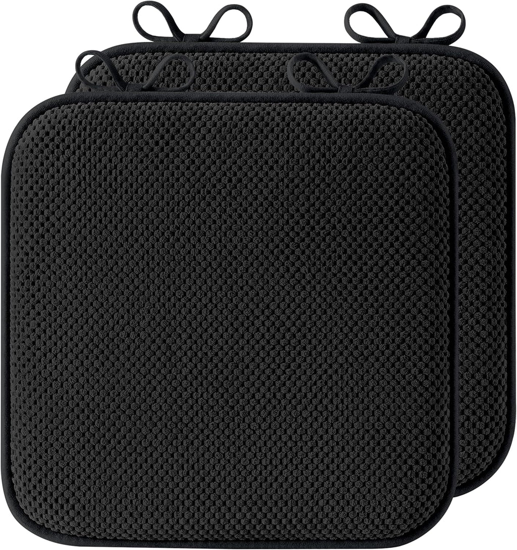 puredown® Chair Cushions for Dining Chairs, Set of 2 Memory Foam Seat Cushions with Non-Slip Backing & Ties, 16" x 16" x 1.5", Comfortable & Supportive Dining Chair Pads for Kitchen, Black