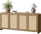 Evermagin 67" Rattan Buffet Cabinet with Storage, Boho Sideboard Cabinet with 4 Doors, Large Credenza Sideboard Buffet for Living Room, Hallway and Kitchen, Caramel Oak