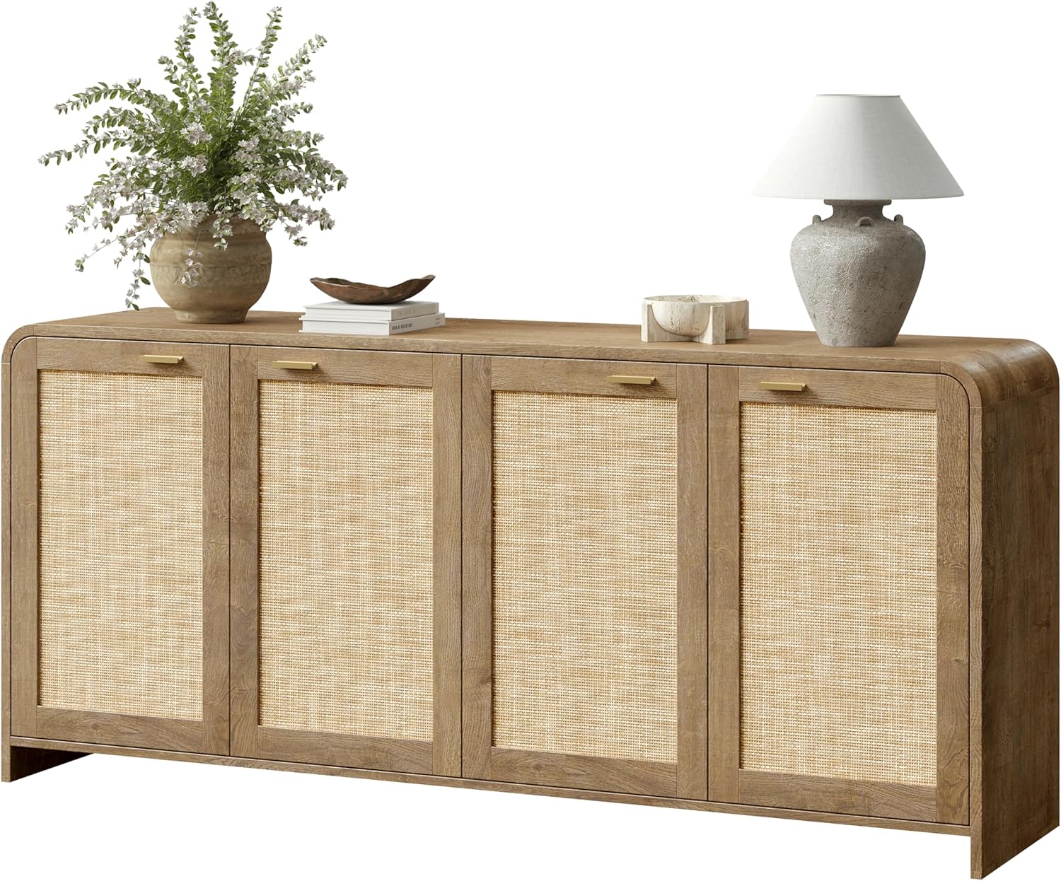 Evermagin 67" Rattan Buffet Cabinet with Storage, Boho Sideboard Cabinet with 4 Doors, Large Credenza Sideboard Buffet for Living Room, Hallway and Kitchen, Caramel Oak