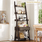 DynJest 5-Tier Bookshelf with Drawer, 70" Tall Ladder Shelf with Power Outlet &USB Fast Charging, Leaning Freestanding Shelves for Living Room, Home Office, Bedroom, Industrial Style, Espresso