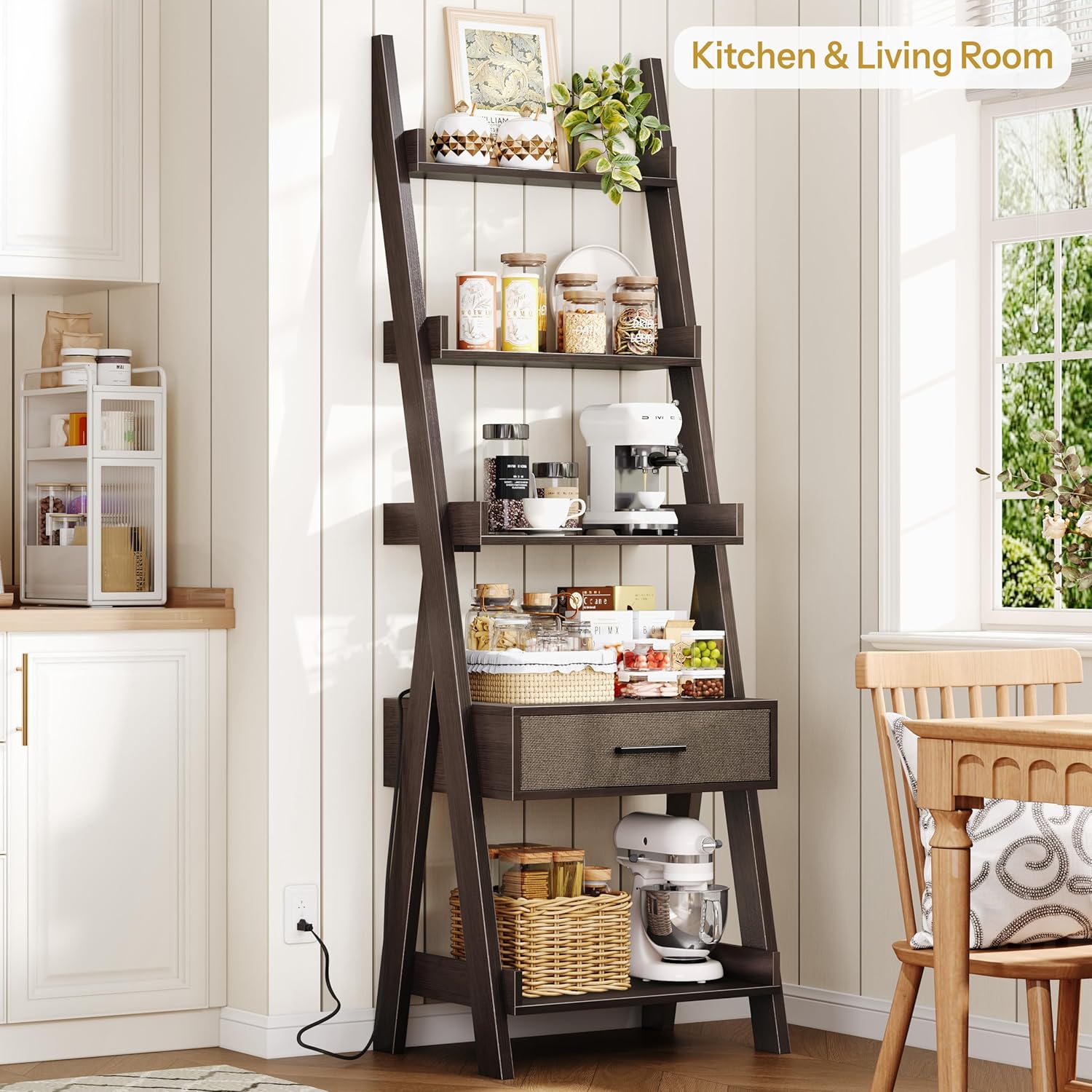 DynJest 5-Tier Bookshelf with Drawer, 70" Tall Ladder Shelf with Power Outlet &USB Fast Charging, Leaning Freestanding Shelves for Living Room, Home Office, Bedroom, Industrial Style, Espresso