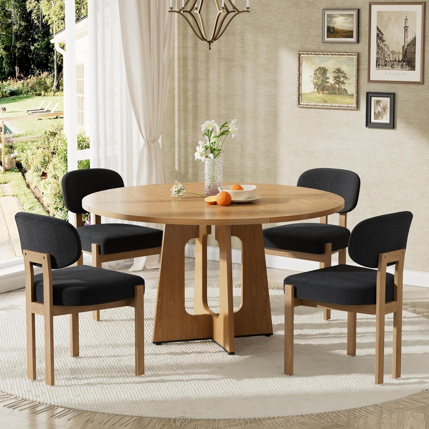 Modern 5-Piece Dining Table Set with 4 Chairs,Oak Round MDF Dining Table, Black Fabric Upholstered Chairs with Natural Wood Legs for Kitchen Dining Room Home