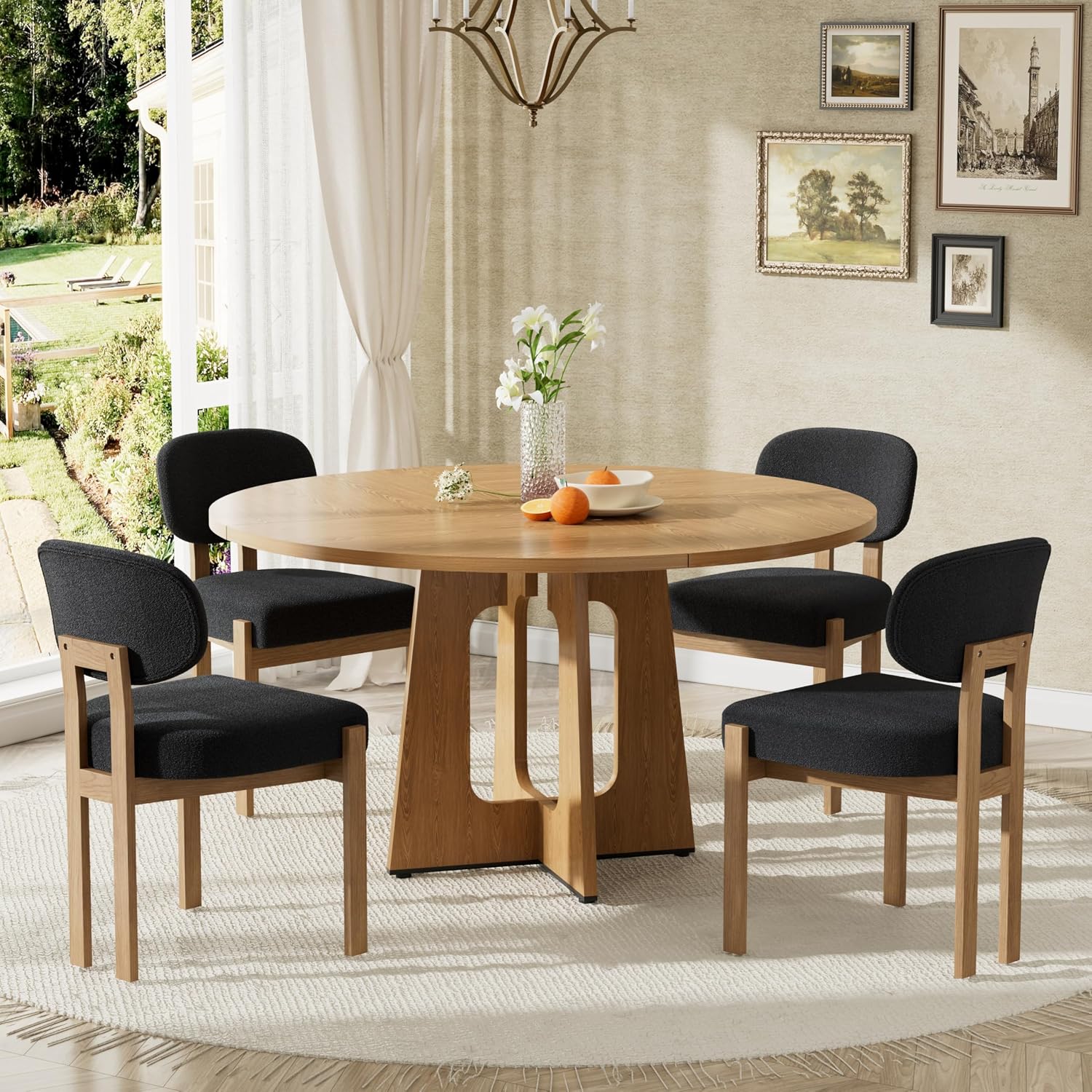 Modern 5-Piece Dining Table Set with 4 Chairs,Oak Round MDF Dining Table, Black Fabric Upholstered Chairs with Natural Wood Legs for Kitchen Dining Room Home