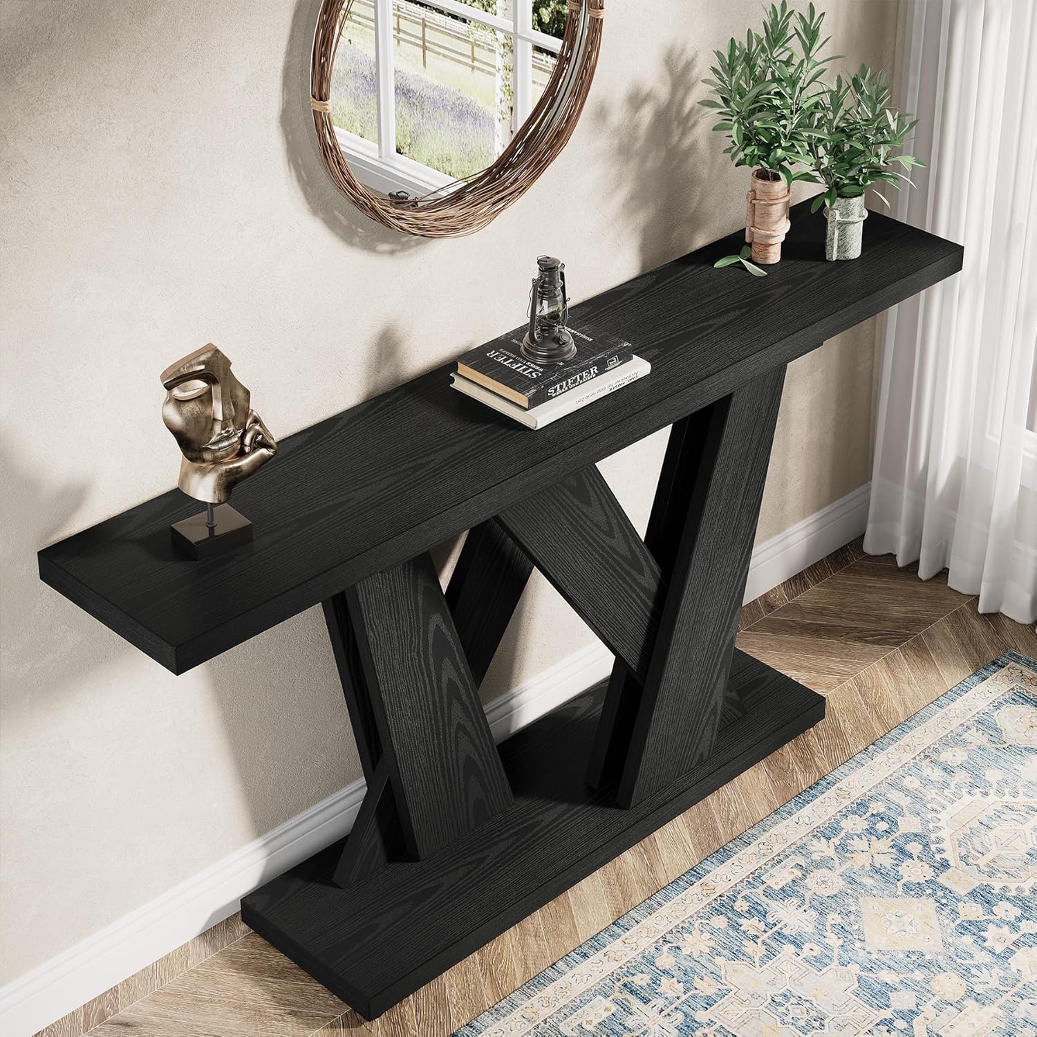 Tribesigns 55-Inch Farmhouse Console Table, Farmhouse Behind The Couch Table TV Stand with Geometric Base, Skinny Sofa Table Entryway Table for Entrance, Living Room, Hallway, Foyer, Black