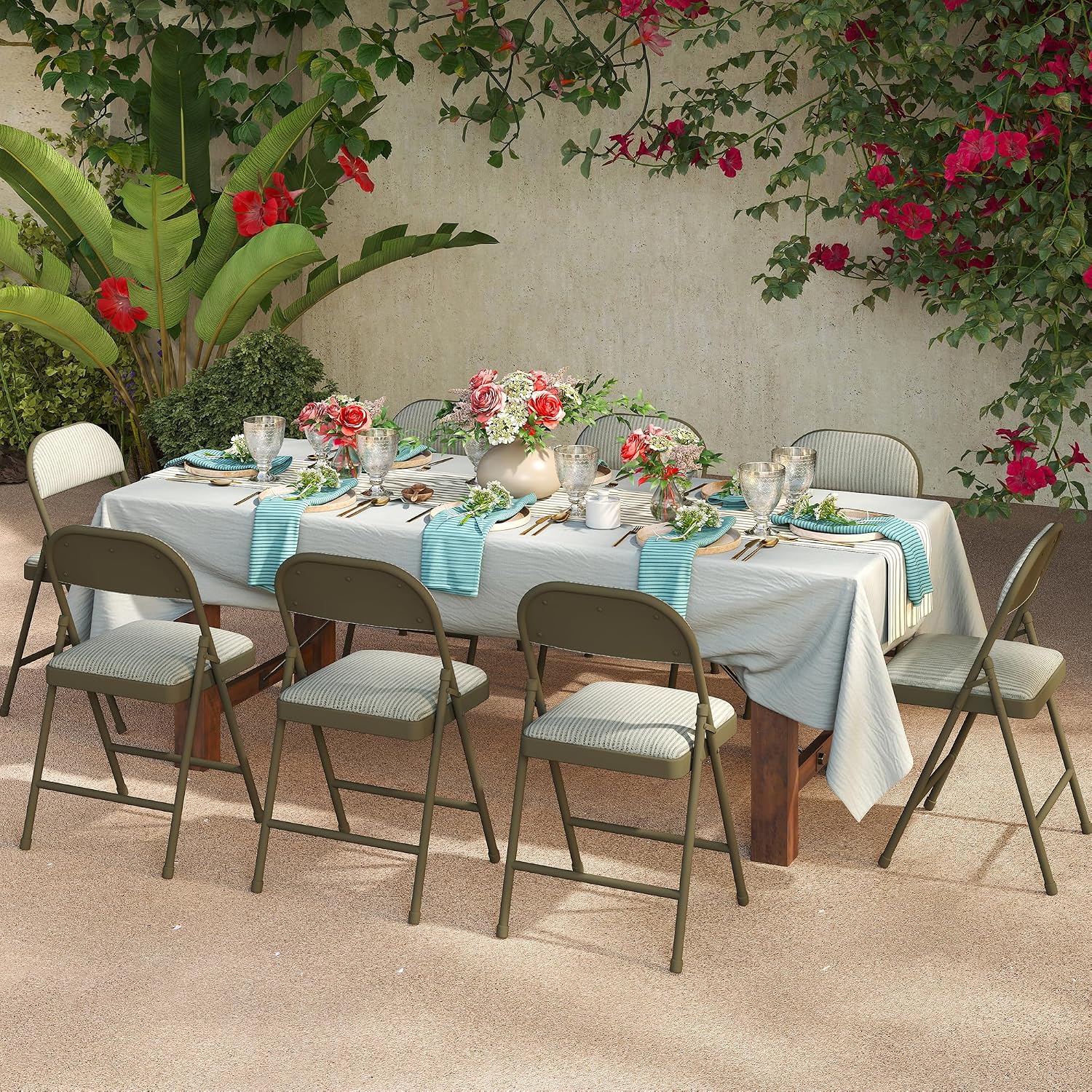 Real Relax 4 Pack Folding Chairs with Padded Cushion and Back, Comfortable Soft Fabric Cushion and Steel Frame Metal, Indoor Outdoor Seat for Office Events Wedding Party, 450LBFabric Oatmeal Strip