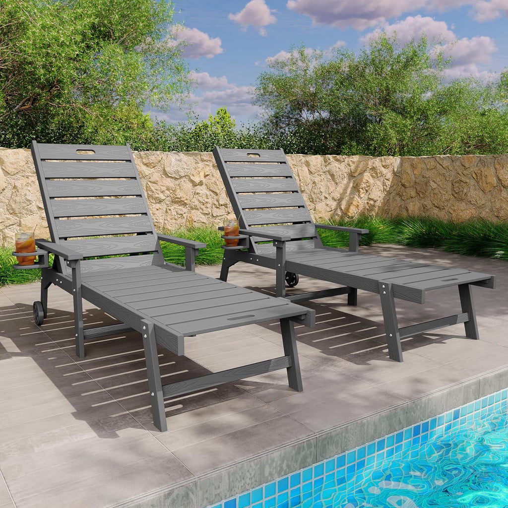 YEFU Lounge Chair Outdoor Set of 2: Outdoor Chaise Lounge with 5-Level Adjustable Backrest, Cup Holders & Wheels, All-Weather Resistance Chaise Lounge for Outside/Patio/Beach/Deck, Grey