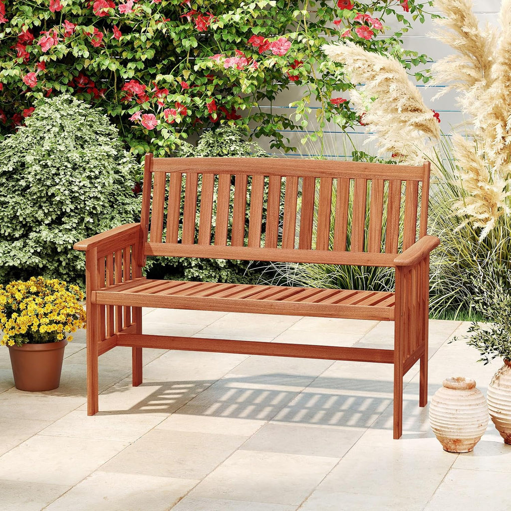 Tangkula Outdoor Wood Garden Bench, 2-Person Patio Park Bench with Backrest, Armrests and Slatted Seat, Outside Loveseat Furniture for Front Porch, Balcony, Deck and Yard