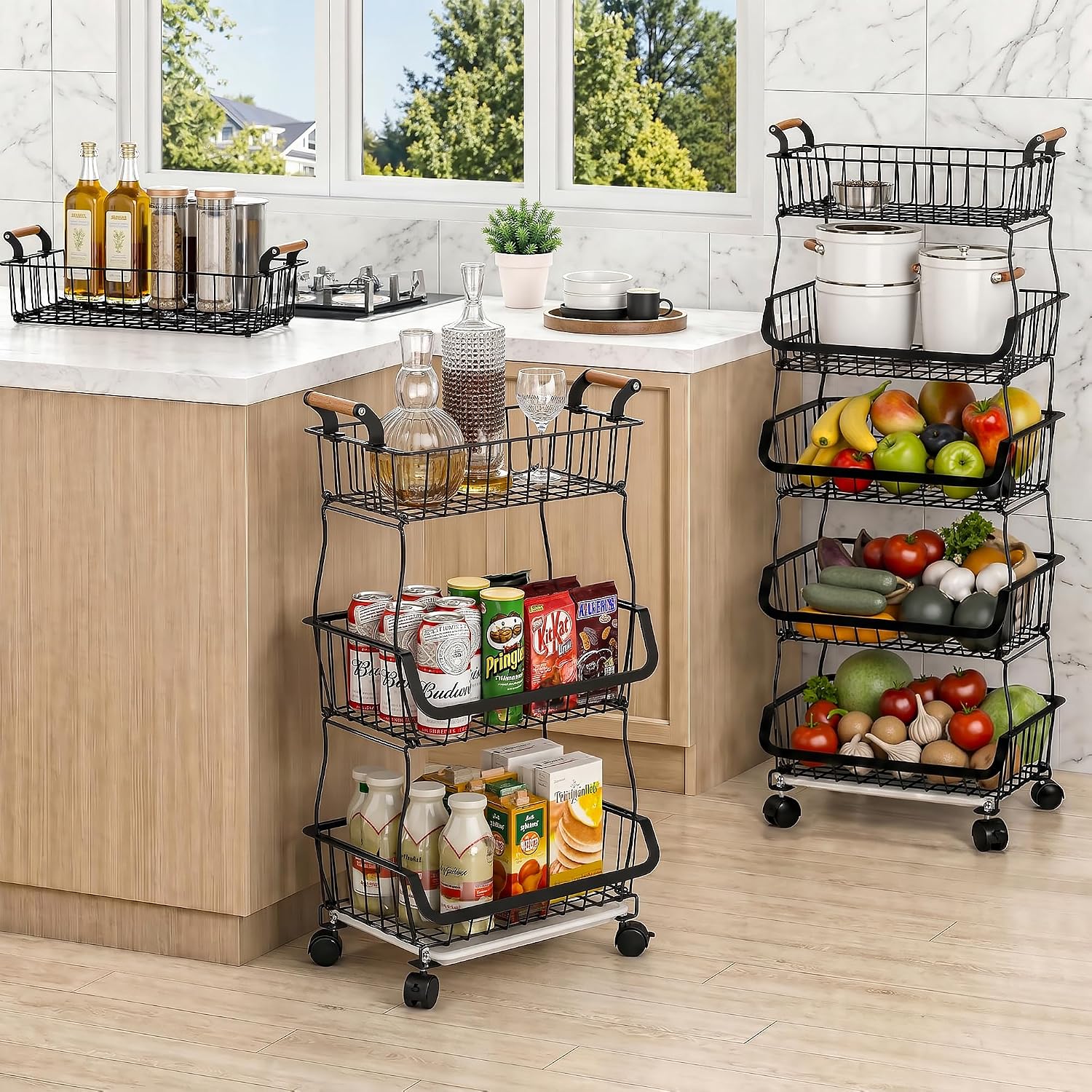 VECELO 5-Tier Fruit Basket with Wheels, Fruit and Vegetable Storage Cart for Kithchen, Easy to Move, Durable, Stackable Produce Organizer Wire Baskets for Kitchen, Pantry, Living Room