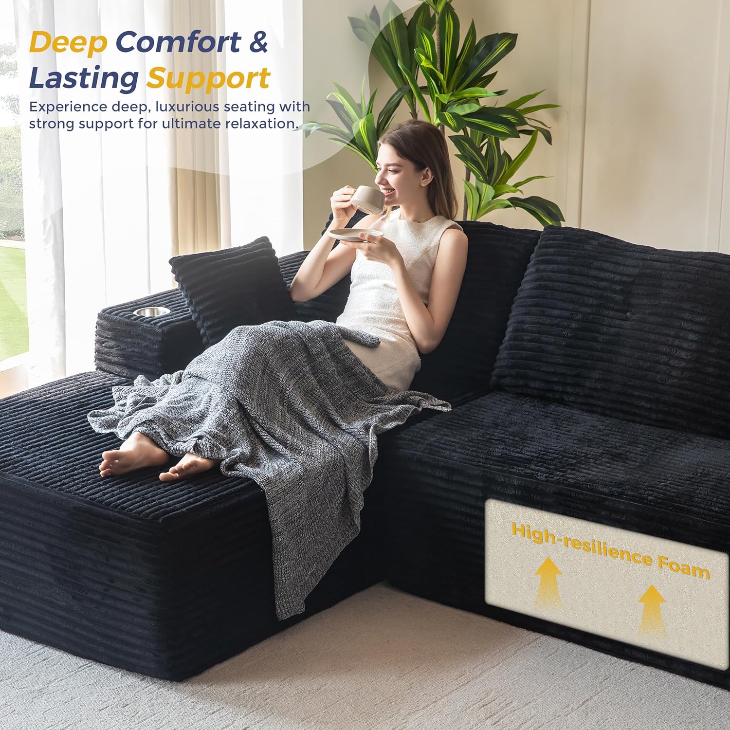 MAXYOYO 104" Modular Sectional Couch with L-Shape Chaise, Modern Boneless Couch for Living Room, Sofa in A Box, Oversized Sofa with Deep Seat, No Assembly Required, Black