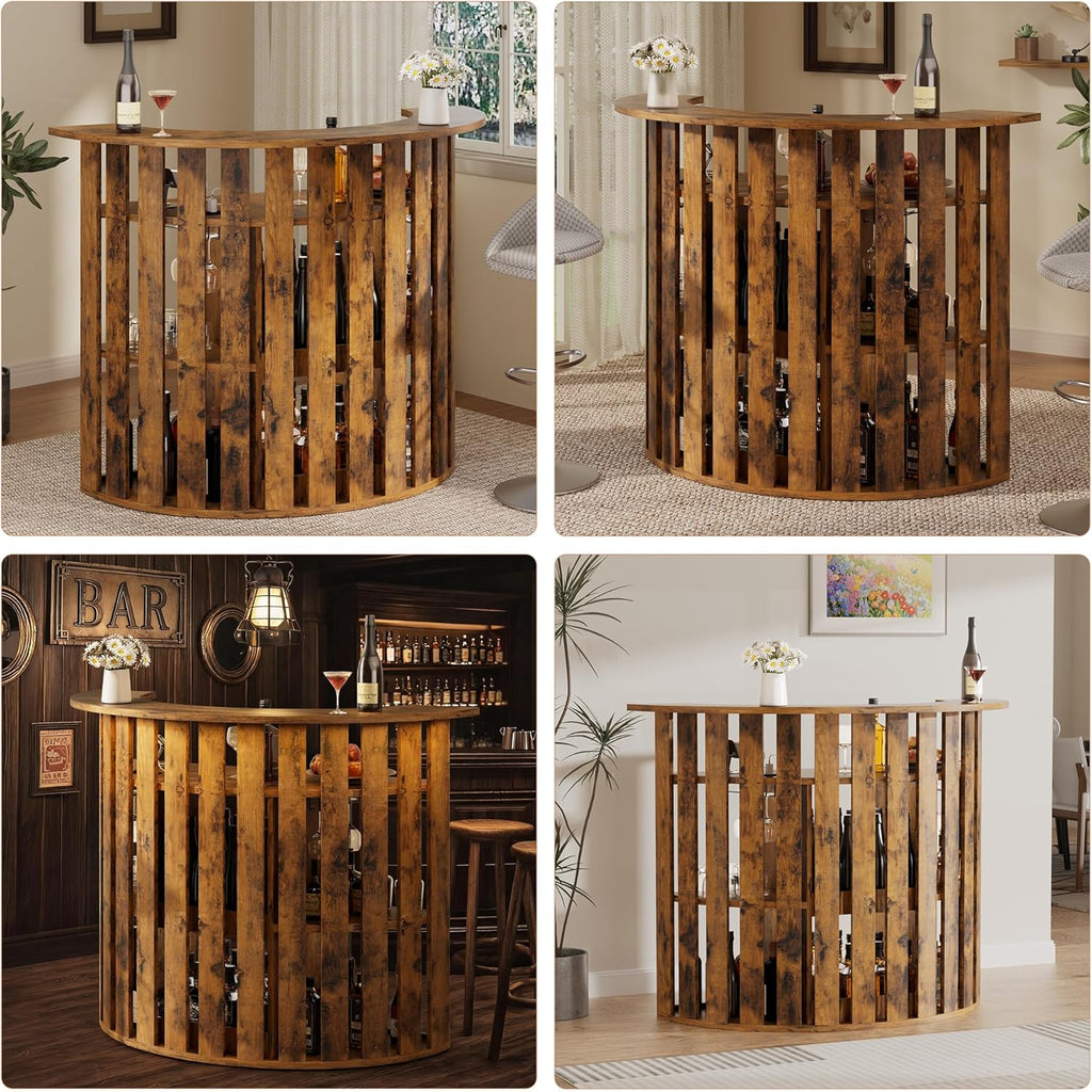 Drinks Bar Table with Fridge Space,4-Tier Home Bar Cabinet with Storage & Glass Holder,Power Outlet, Arc-Shaped Modern Liquor Cabinet for Home, Wooden Bar Station for Living Room, Kitchen, Basement