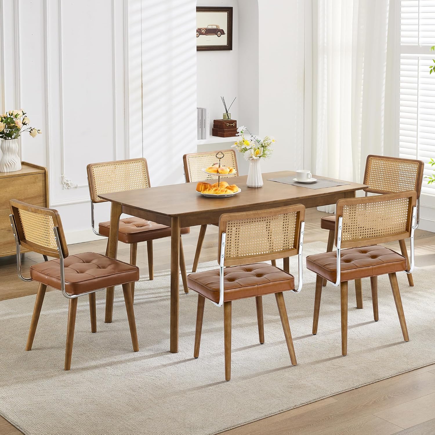 GarveeHome Natural Rattan Dining Chairs Set of 2, PU Upholstered Kitchen Chairs with Tall Cane Backrest and Strong Wood Legs for Dining Room, Kitchen, Restaurant, Brown