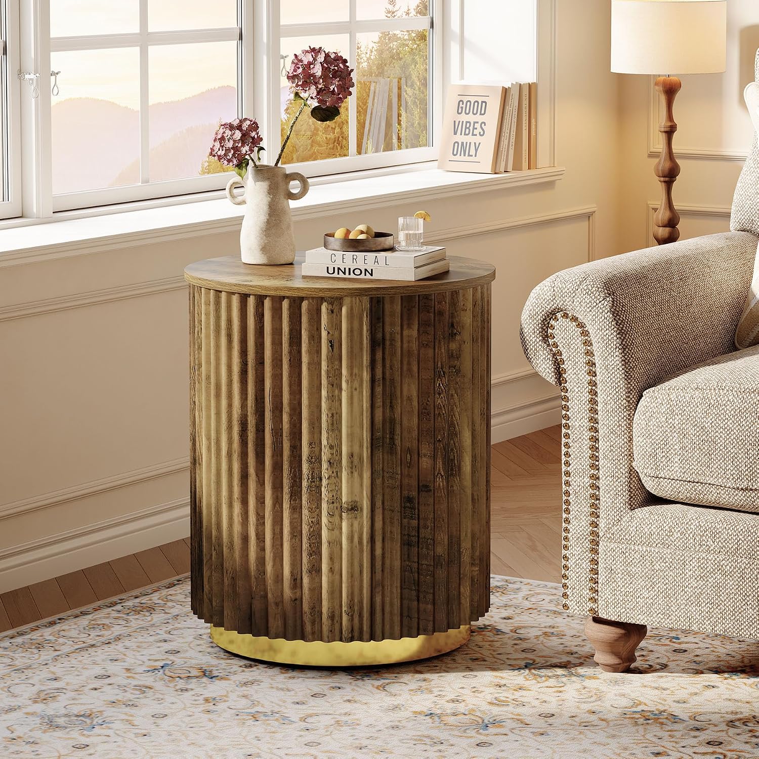 Tribesigns Fluted Round Side Table, Small Bedside Table for Sofa, Wooden Nightstand for Small Spaces, Living Room, Bedroom (1, Rustic Brown)