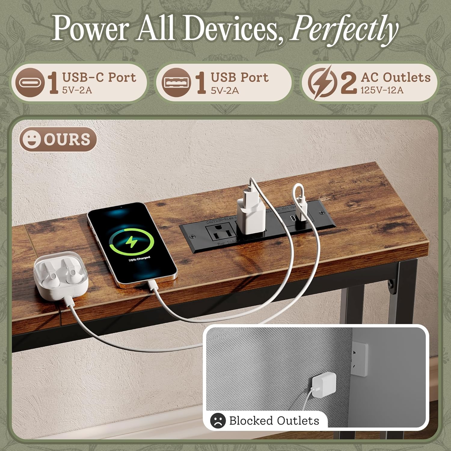 Huuger 110.2 Inch Behind Couch Table with 2 Power Outlets and USB-C Ports, Extra Long Narrow Sofa Table for Sectional Sofa, Skinny Console Table with Anti-Bump Pads, for Living Room, Rustic Brown