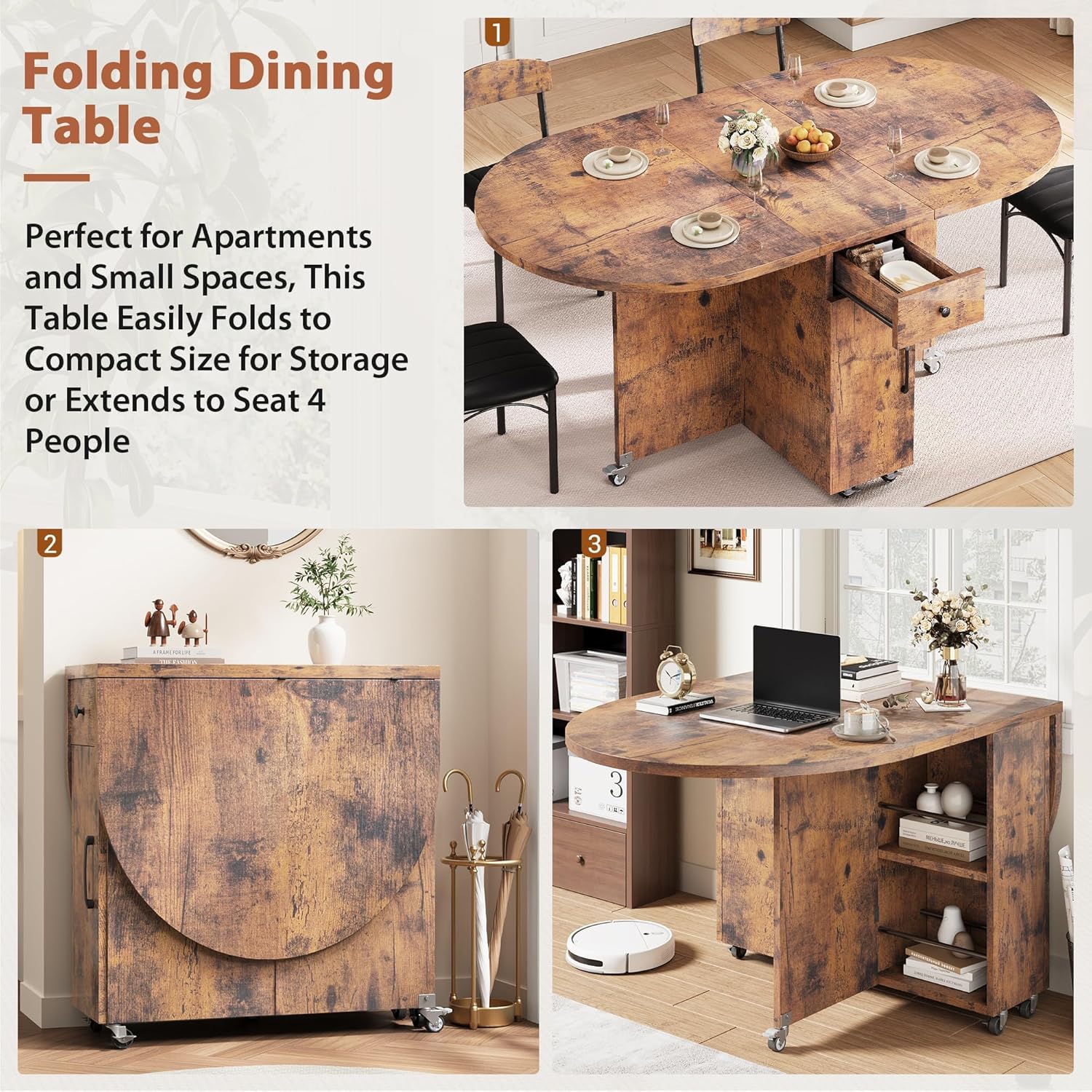 Jocoevol Round Folding Dining Table for 6, Space Saving Drop Leaf Kitchen Table with Storage Drawer, 6 Wheels Oval Gateleg Foldable Dining Table for Small Spaces (Vintage, 51" x 31.5" x 30")