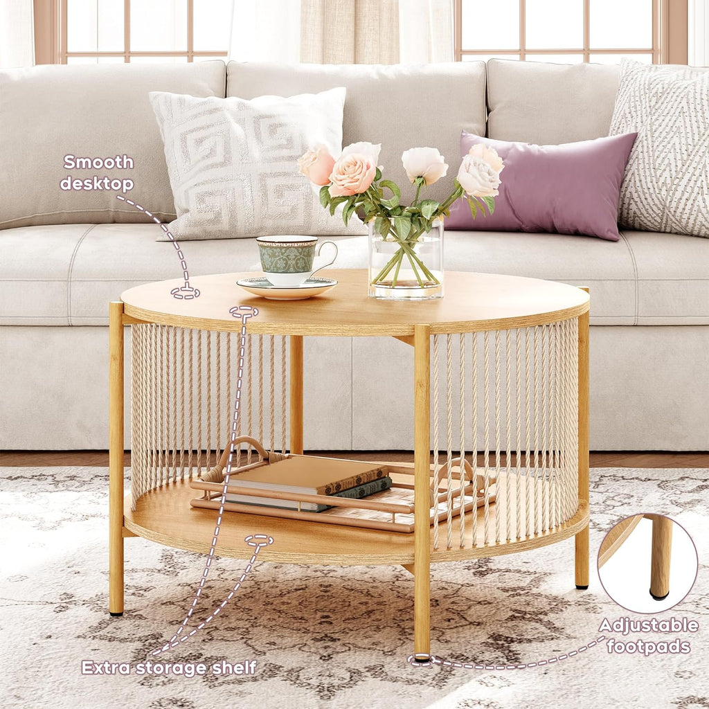 Brafab Natural Fiber Rope Coffee Table Set of 3 for Living Room, Round Rattan Coffee Table and Two End Tables, Boho 2 Tier Modern Side Table with Metal Frame for Apartment Office (Natural)
