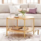 Brafab Natural Fiber Rope Coffee Table Set of 3 for Living Room, Round Rattan Coffee Table and Two End Tables, Boho 2 Tier Modern Side Table with Metal Frame for Apartment Office (Natural)