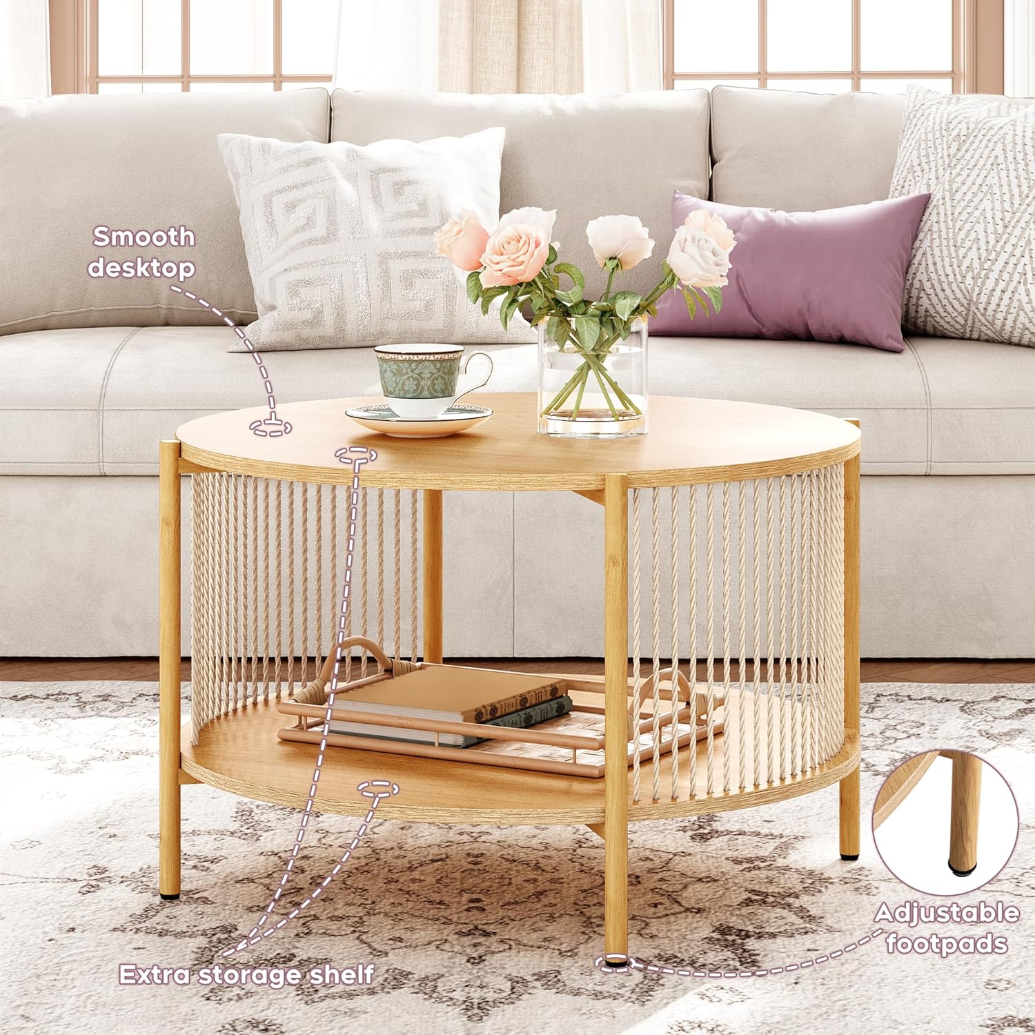 Brafab Natural Fiber Rope Coffee Table Set of 3 for Living Room, Round Rattan Coffee Table and Two End Tables, Boho 2 Tier Modern Side Table with Metal Frame for Apartment Office (Natural)