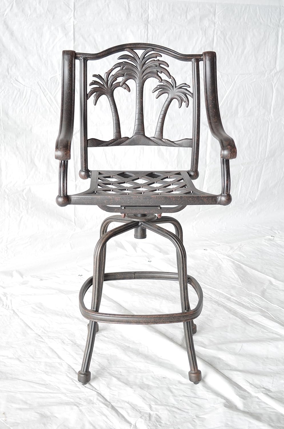 Palm Tree Outdoor Patio Set 4pc Swivel Barstools 30" H Dark Bronze Cast Aluminum, Walnut Cushions
